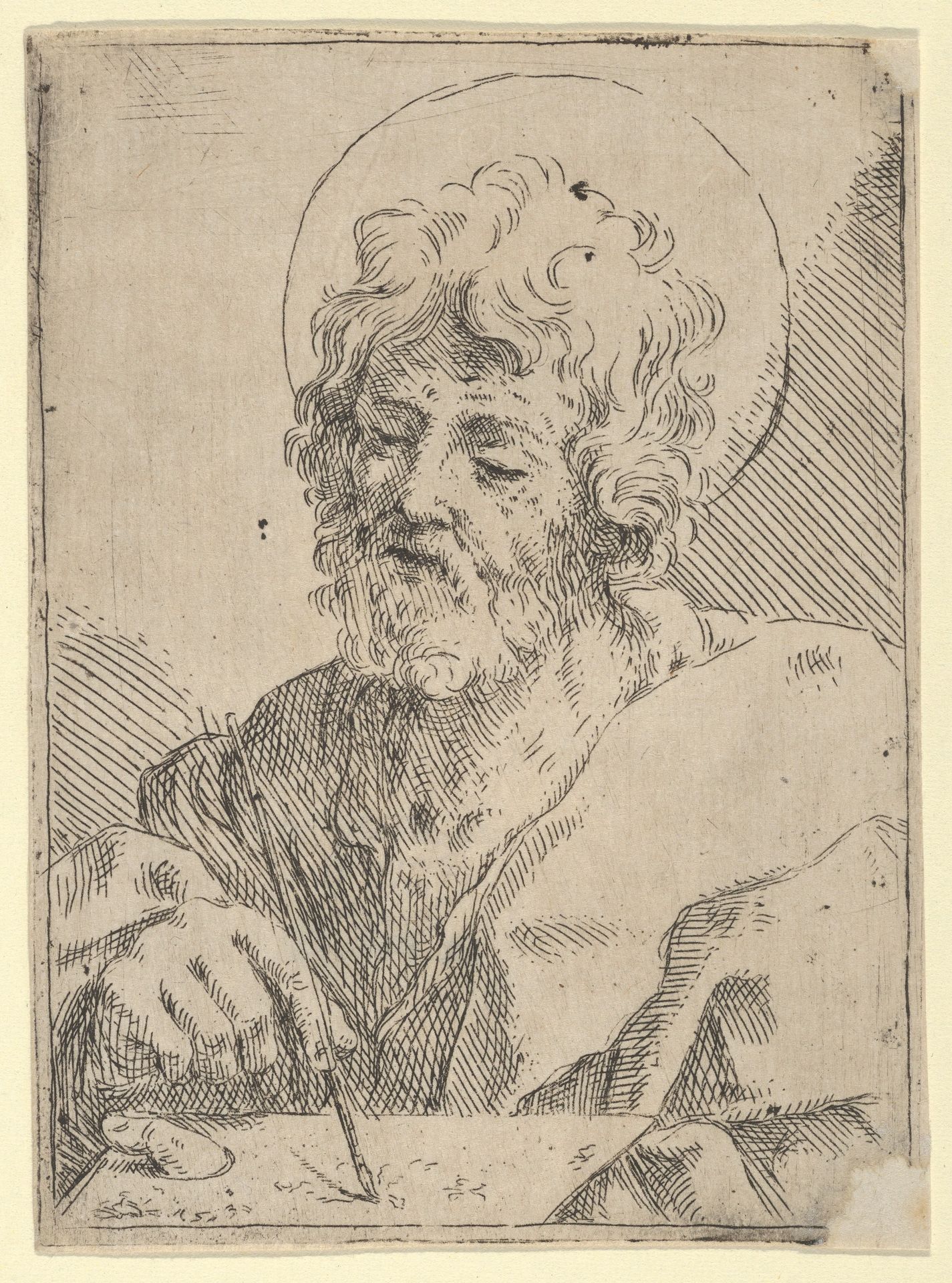 Saint Luke holding a paint brush and palette, after Reni (?) by Anonymous