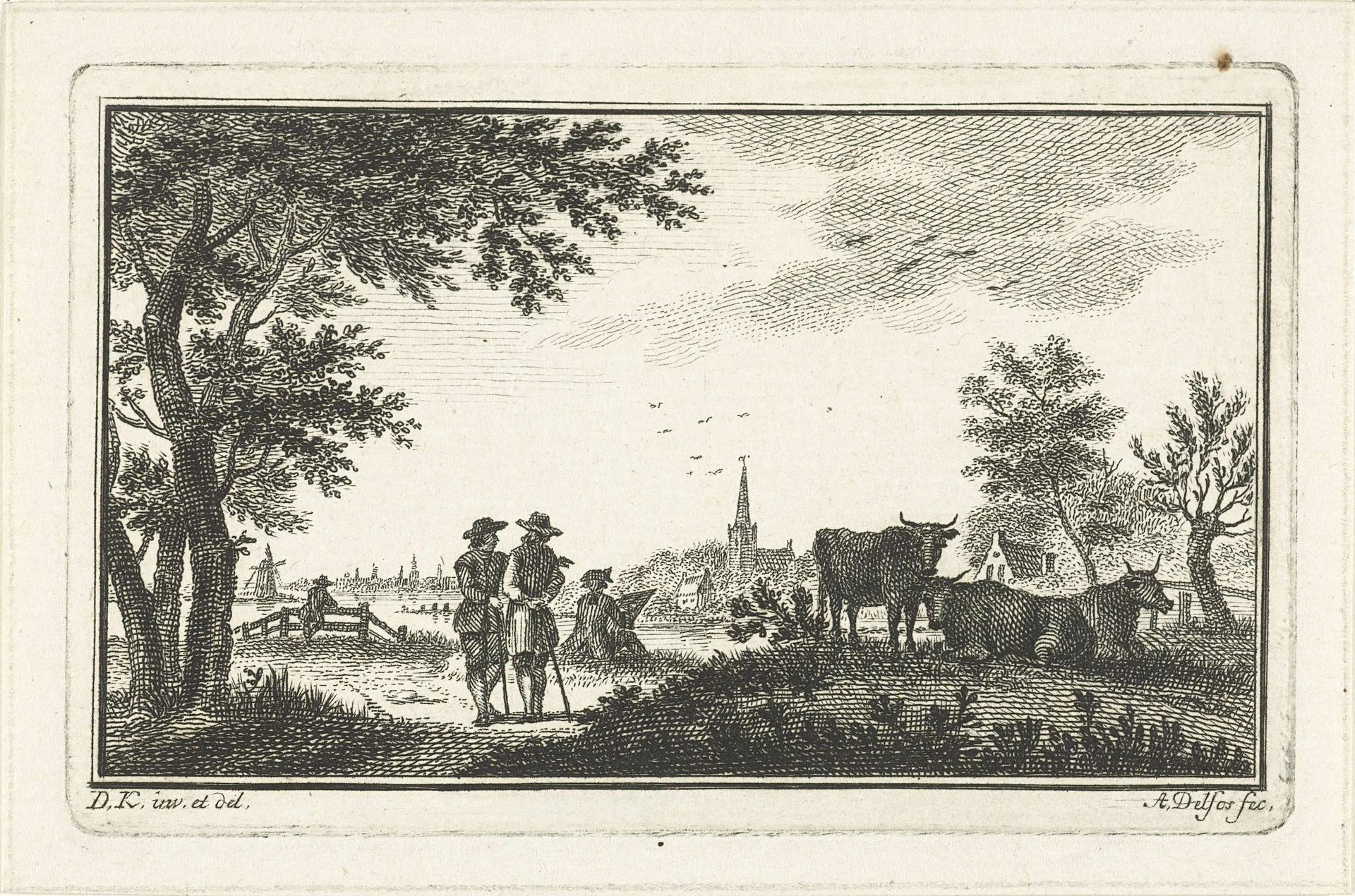 Rivierlandschap met wandelaars en tekenaar bij dorp by Abraham Delfos