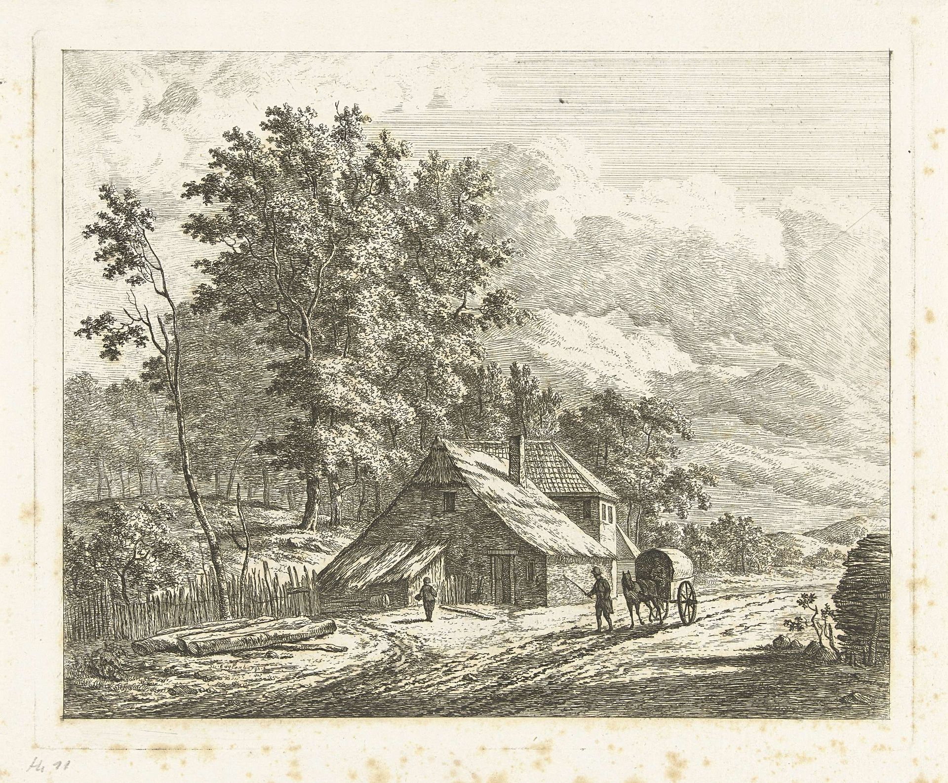 Landschap met boerderij en paard en wagen op landweg by Johannes van Cuylenburgh