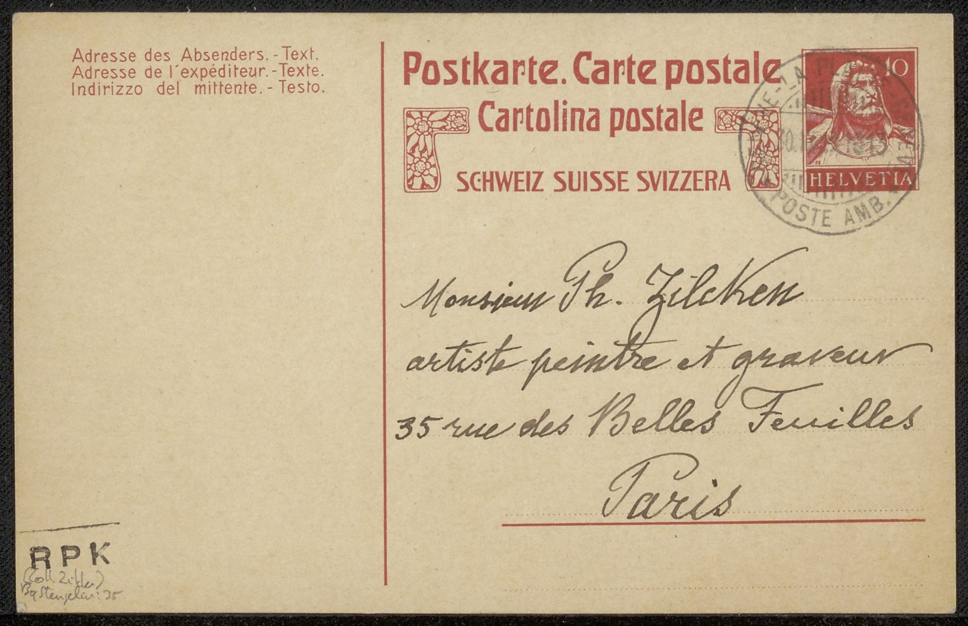 Briefkaart aan Philip Zilcken by Alphonse Stengelin