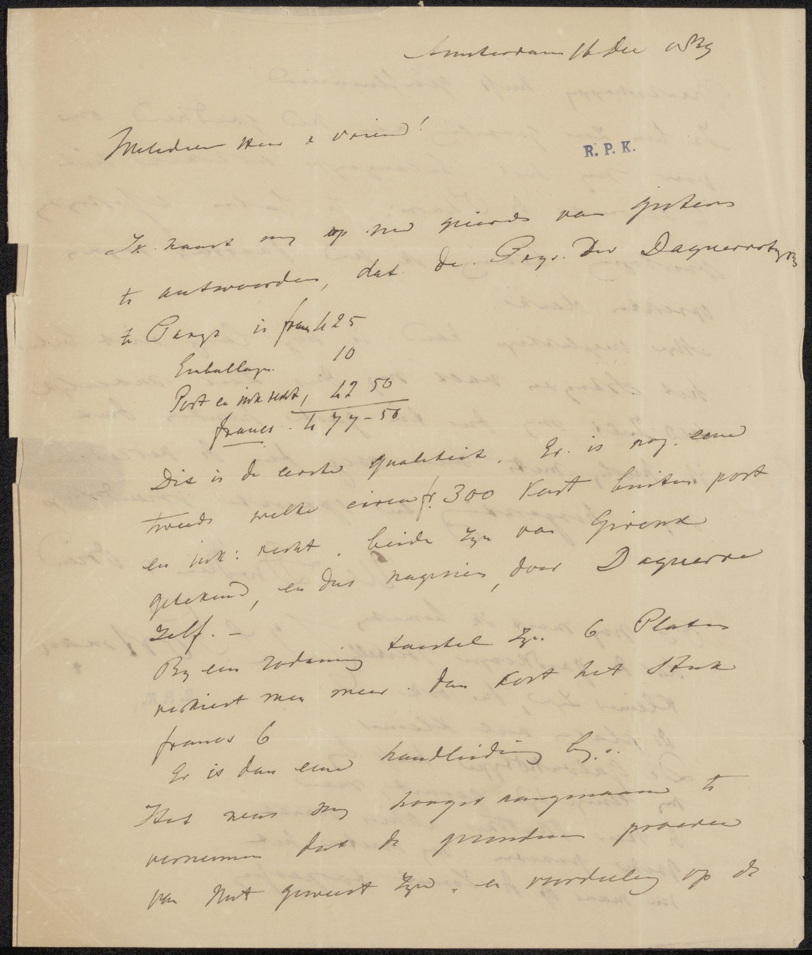 Brief aan Johannes Jacobus Franciscus Wap by Christiaan Julius Lodewijk Portman