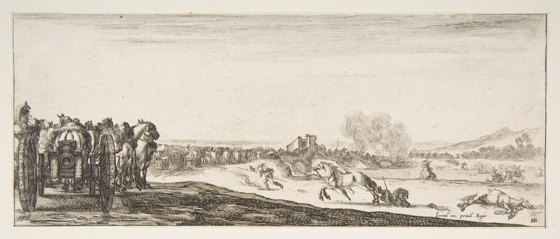 A procession of horse-drawn cannon carriages to left, horsemen in combat and a dead horse to right, battle on a bridge in center background, from 'Peace and War' (Divers desseins tant pour la paix que pour la guerre) by Stefano della Bella