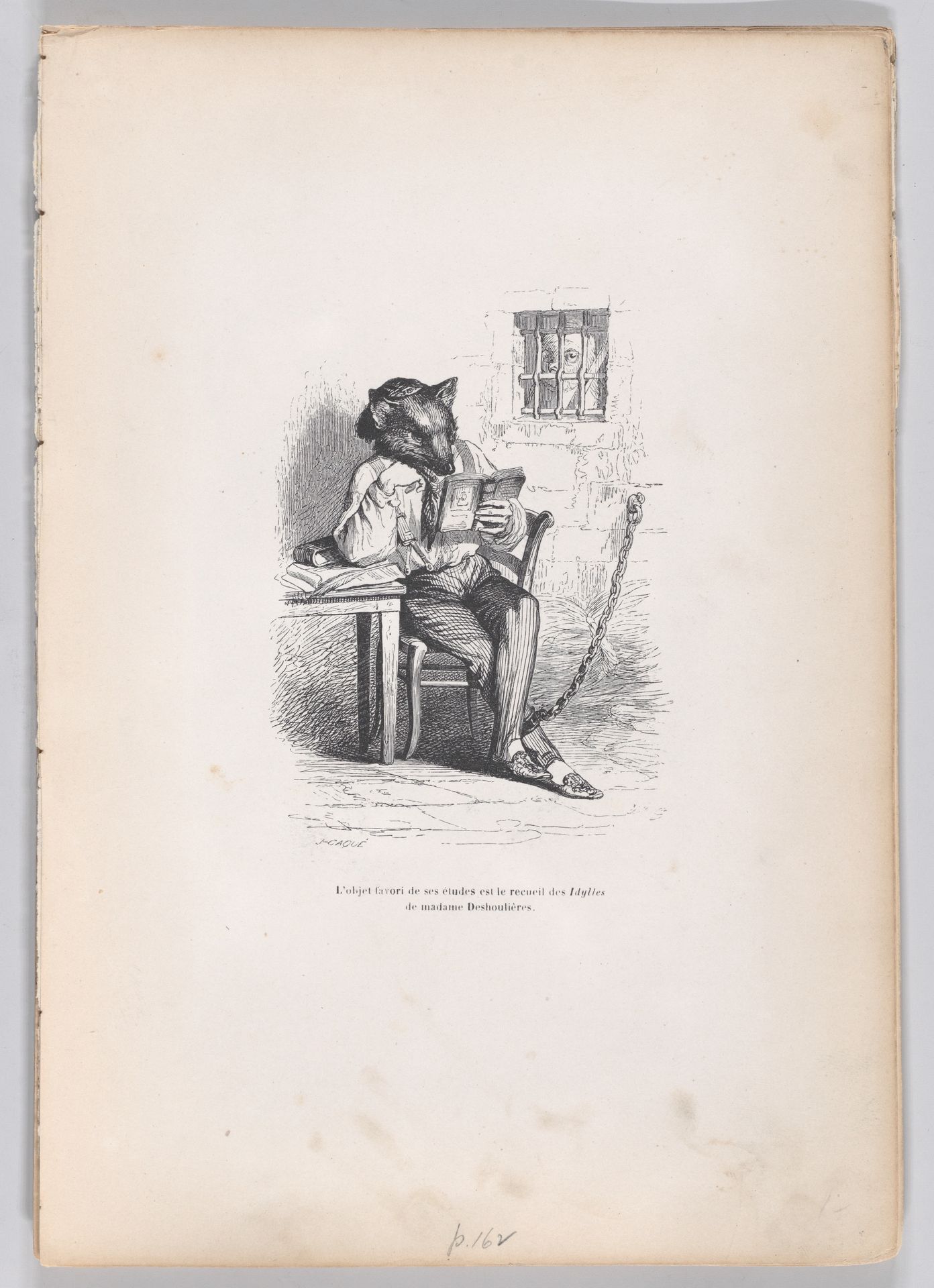 "The favorite object of his studies is the collection of Idylles by Madame Deshoulières" from Scenes from the Private and Public Life of Animals by J. J. Grandville