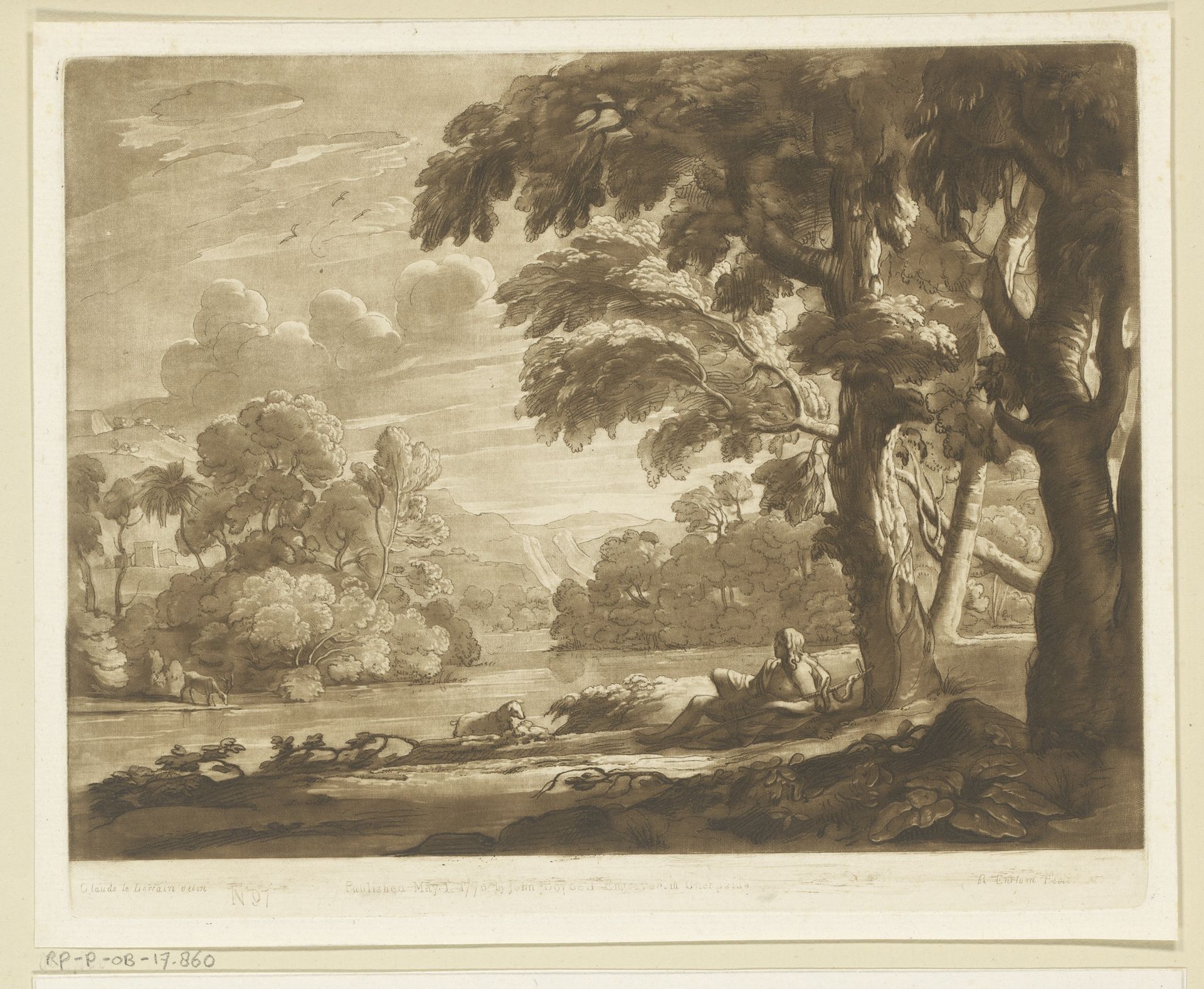Landschap met Johannes de Doper liggend onder een boom aan een rivieroever by Richard Earlom