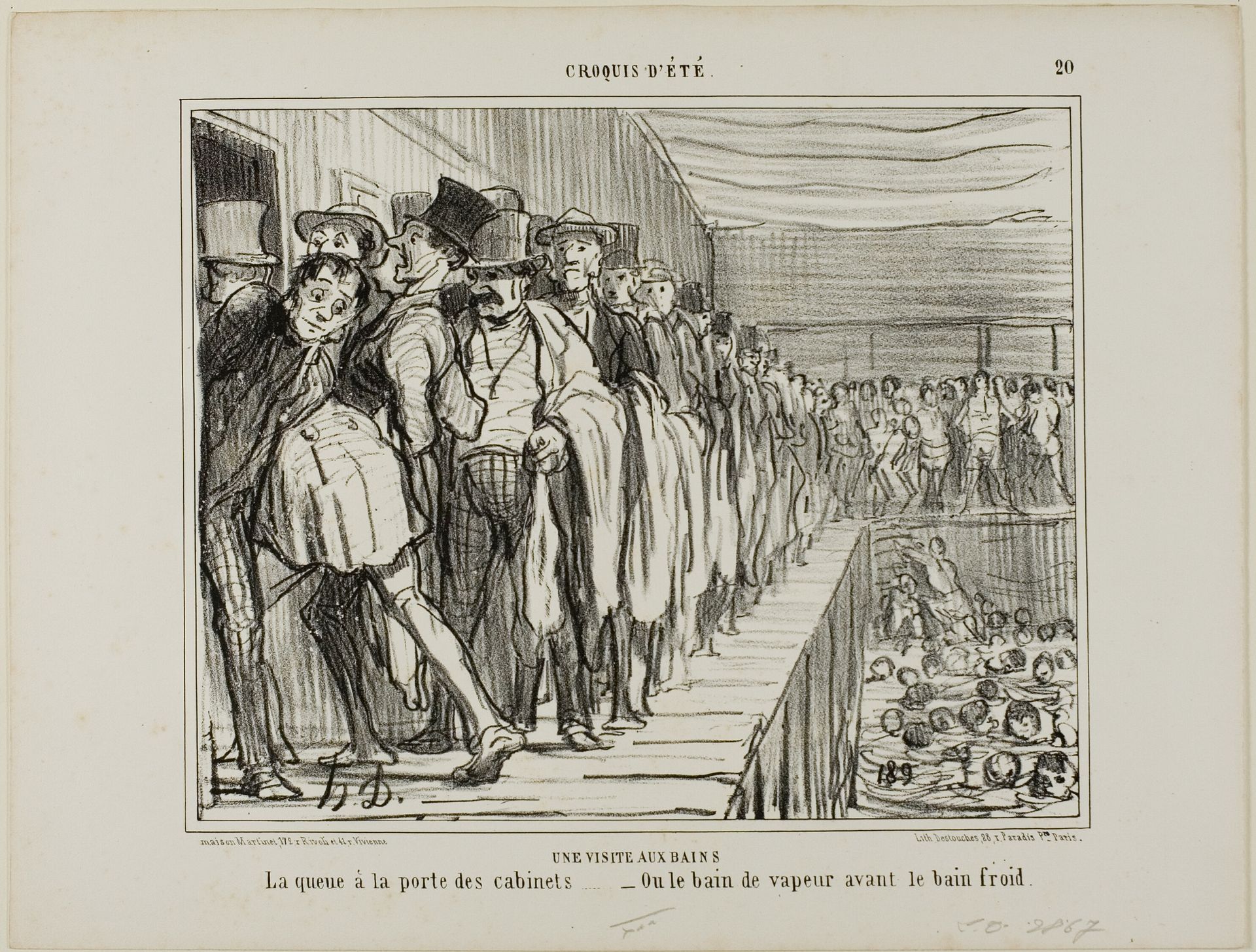 A Visit to the Baths. Queuing in front of the changing rooms - or the steam bath before the cold bath, plate 20 from Croquis D'été by Honoré Daumier