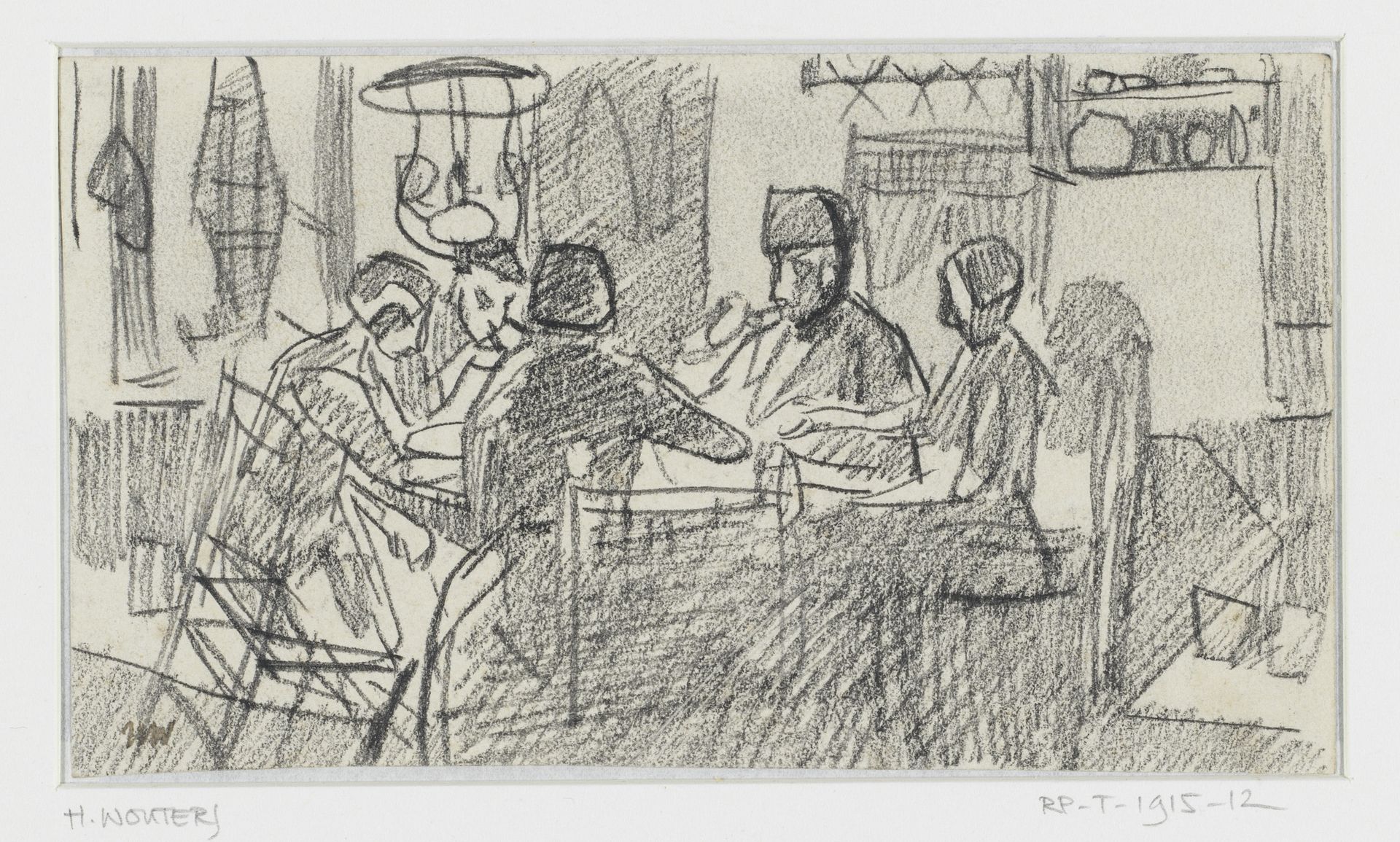 Boereninterieur met vijf mensen aan tafel by Henri Wouters