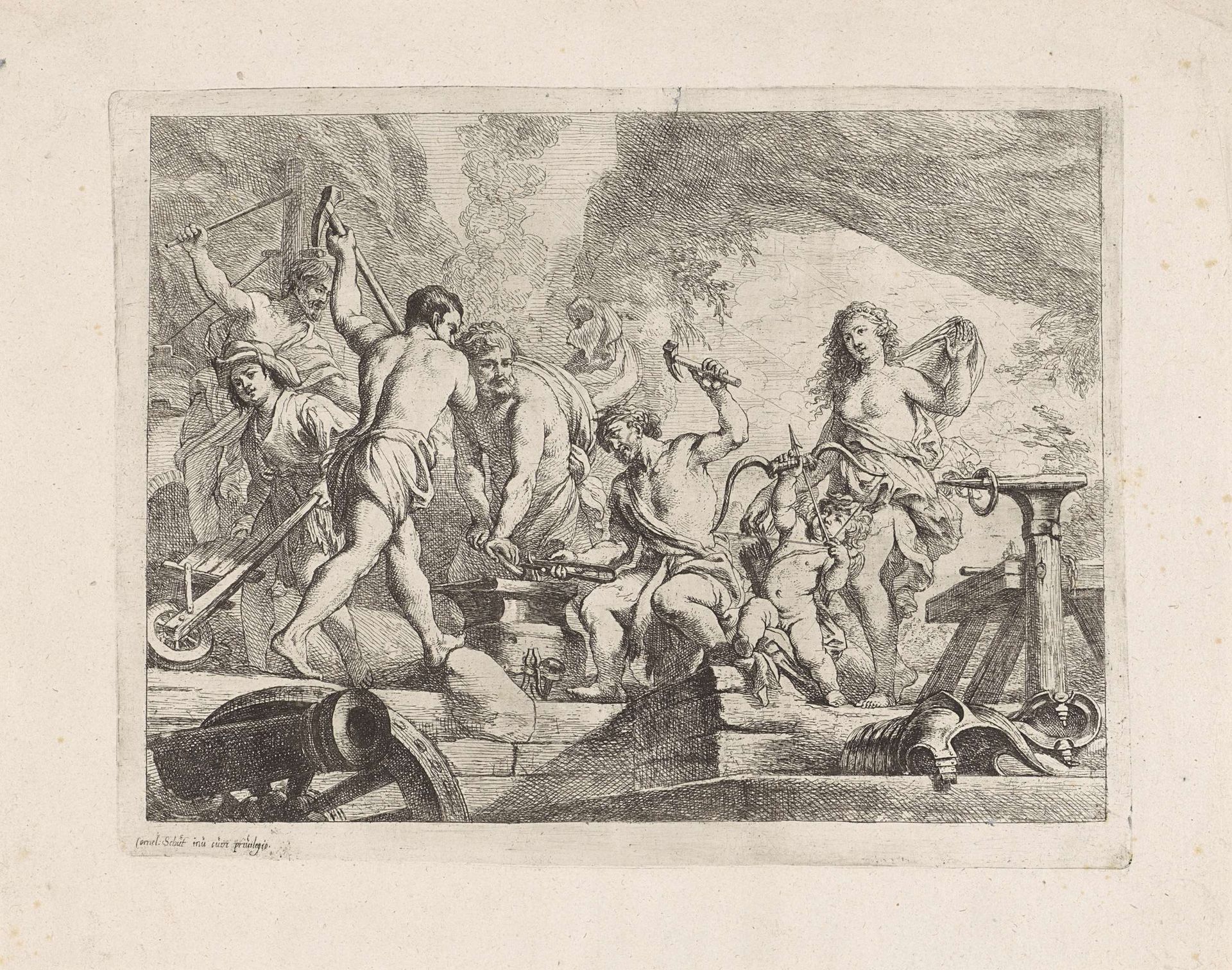 Venus en Amor in de smidse van Vulcanus by Cornelis Schut