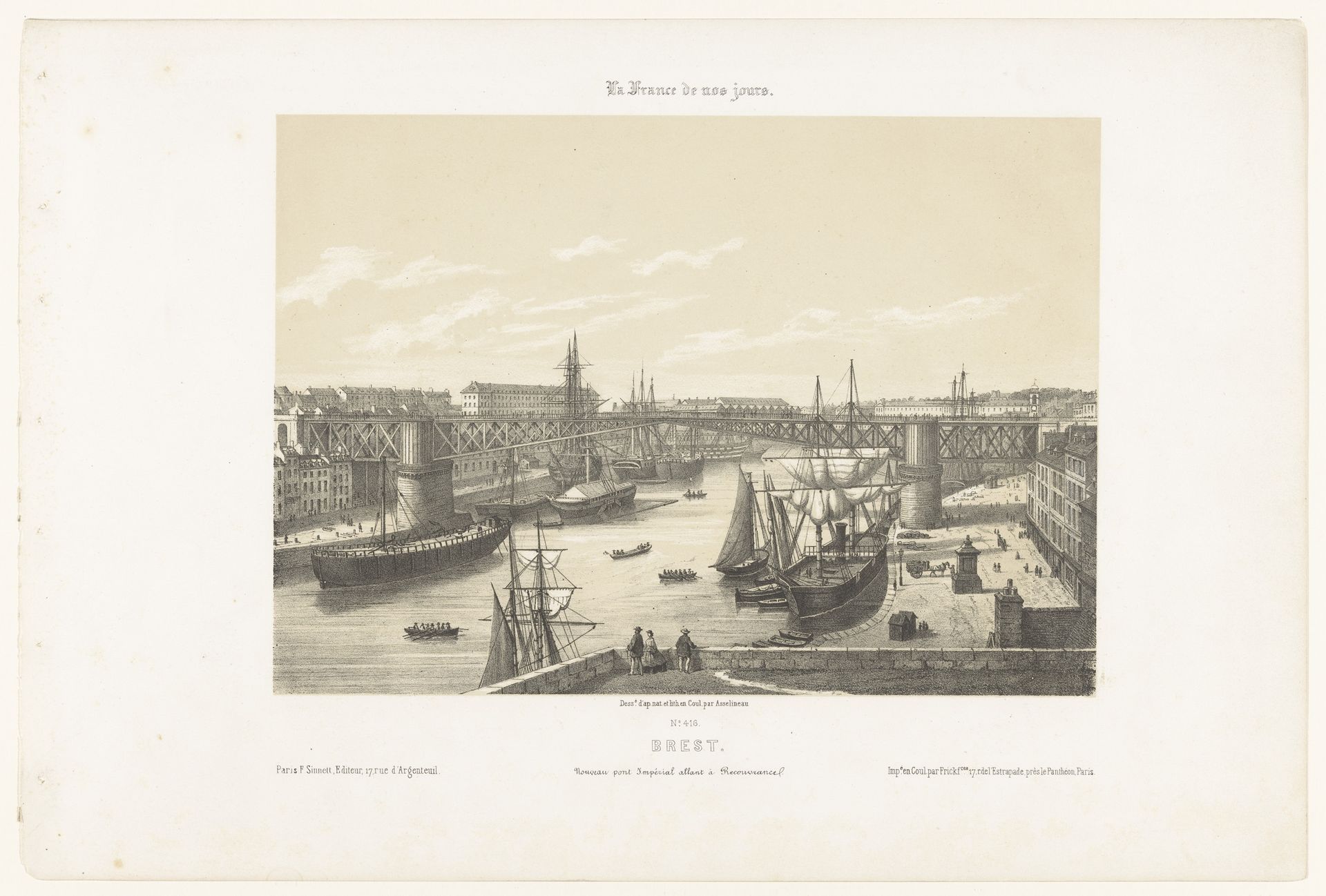 Zicht op de nieuwe brug over de rivier Penfeld in Brest by Léon Auguste Asselineau