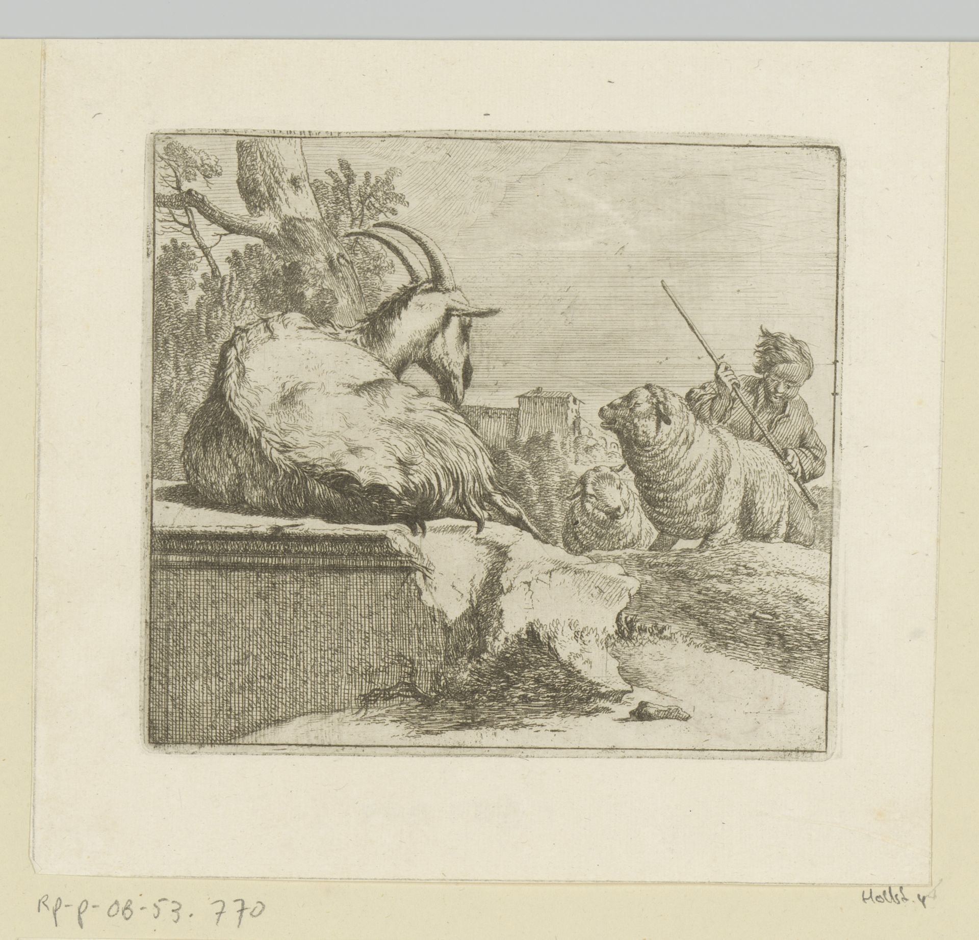 Liggende geit en een herder met twee schapen by Johann Heinrich Roos