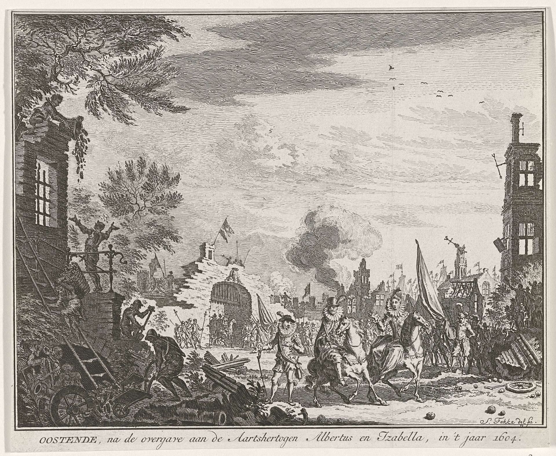 De aartshertogen bezoeken het verwoeste Oostende na de capitulatie, 1604 by Simon Fokke