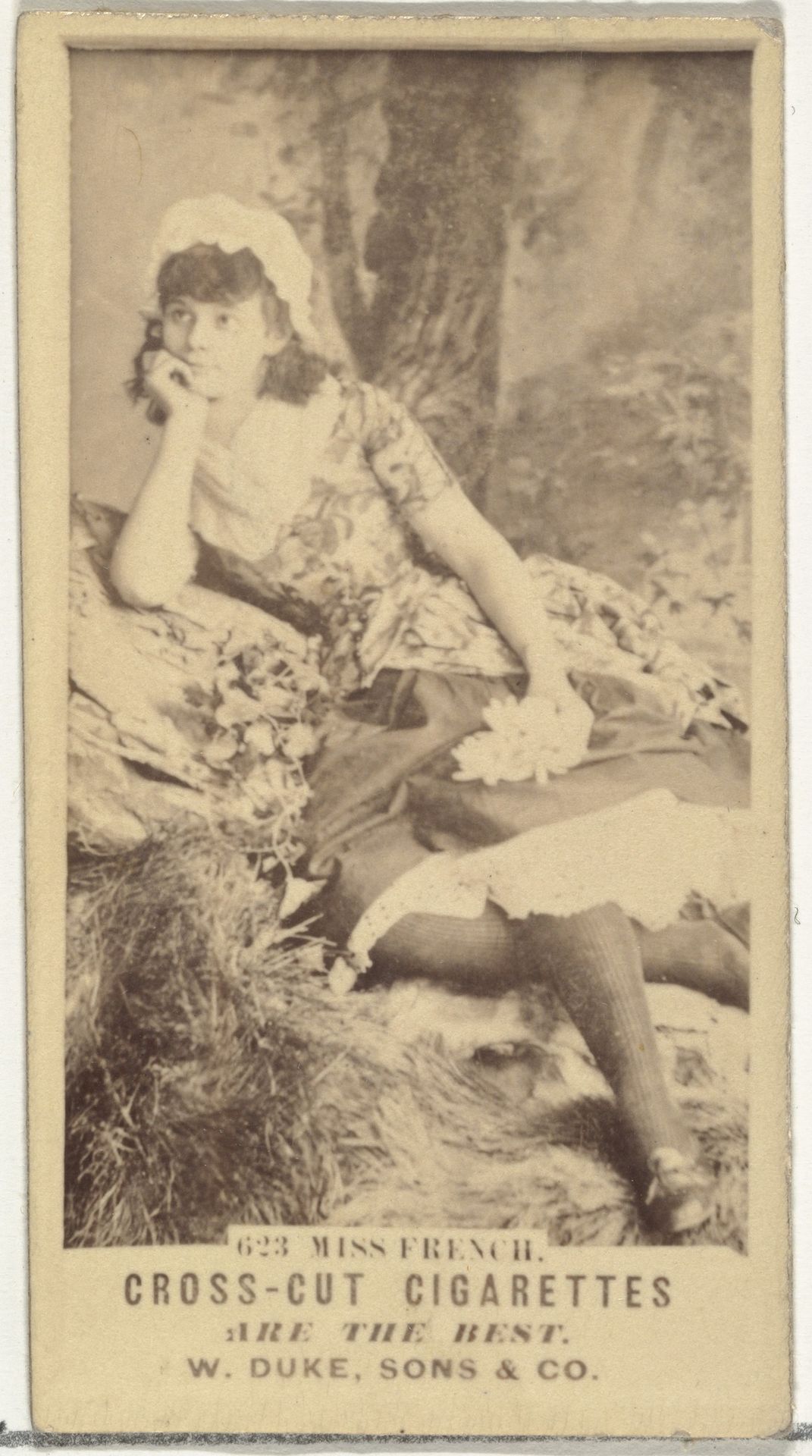 Card Number 623, Miss French, from the Actors and Actresses series (N145-3) issued by Duke Sons & Co. to promote Cross Cut Cigarettes by W. Duke, Sons & Co.