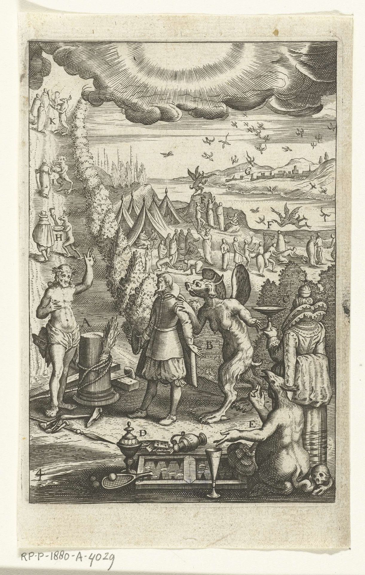 Embleem met man op de weg naar het eeuwige leven die wordt blootgesteld aan verzoekingen van de duivel by Anonymous
