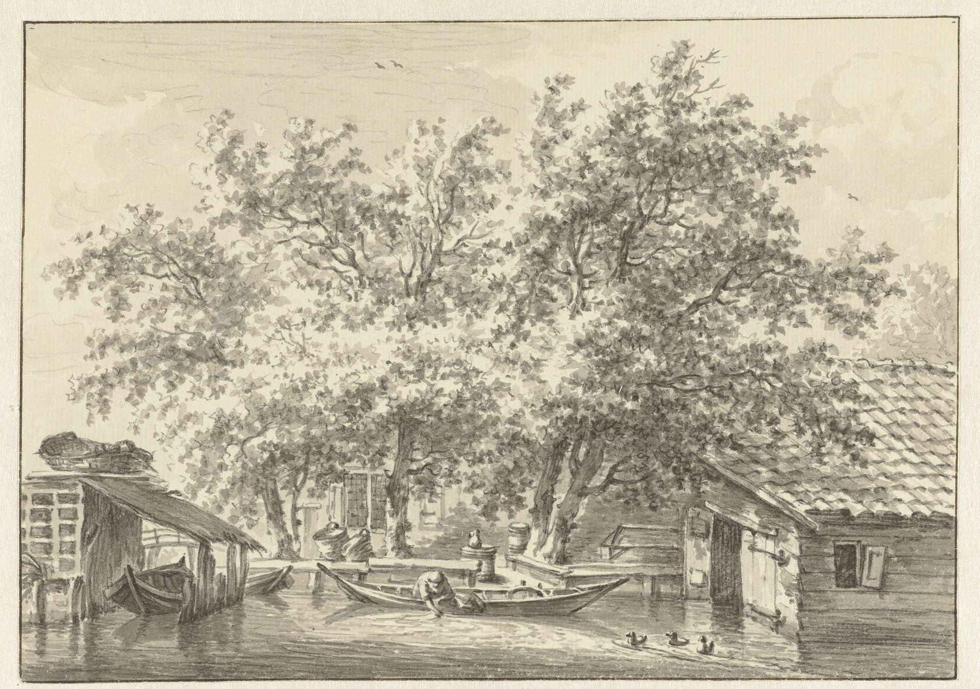 Huizen en schuur aan water by Egbert van Drielst