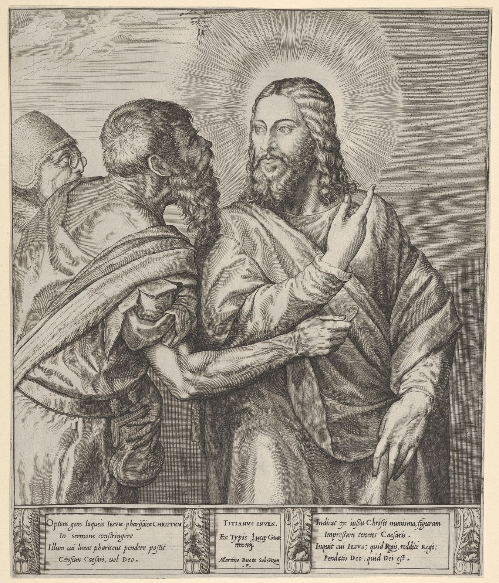 The Tribute Money: two Pharisees, one holding out a coin in his right hand, approach Christ from the left by Martino Rota