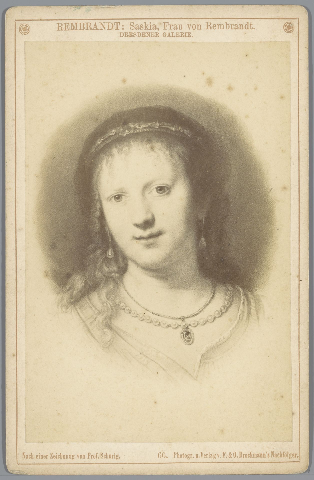 Fotoreproductie van tekening door professor Schurig naar een portret van Saskia van Uylenburgh door Rembrandt by F. & O. Brockmann