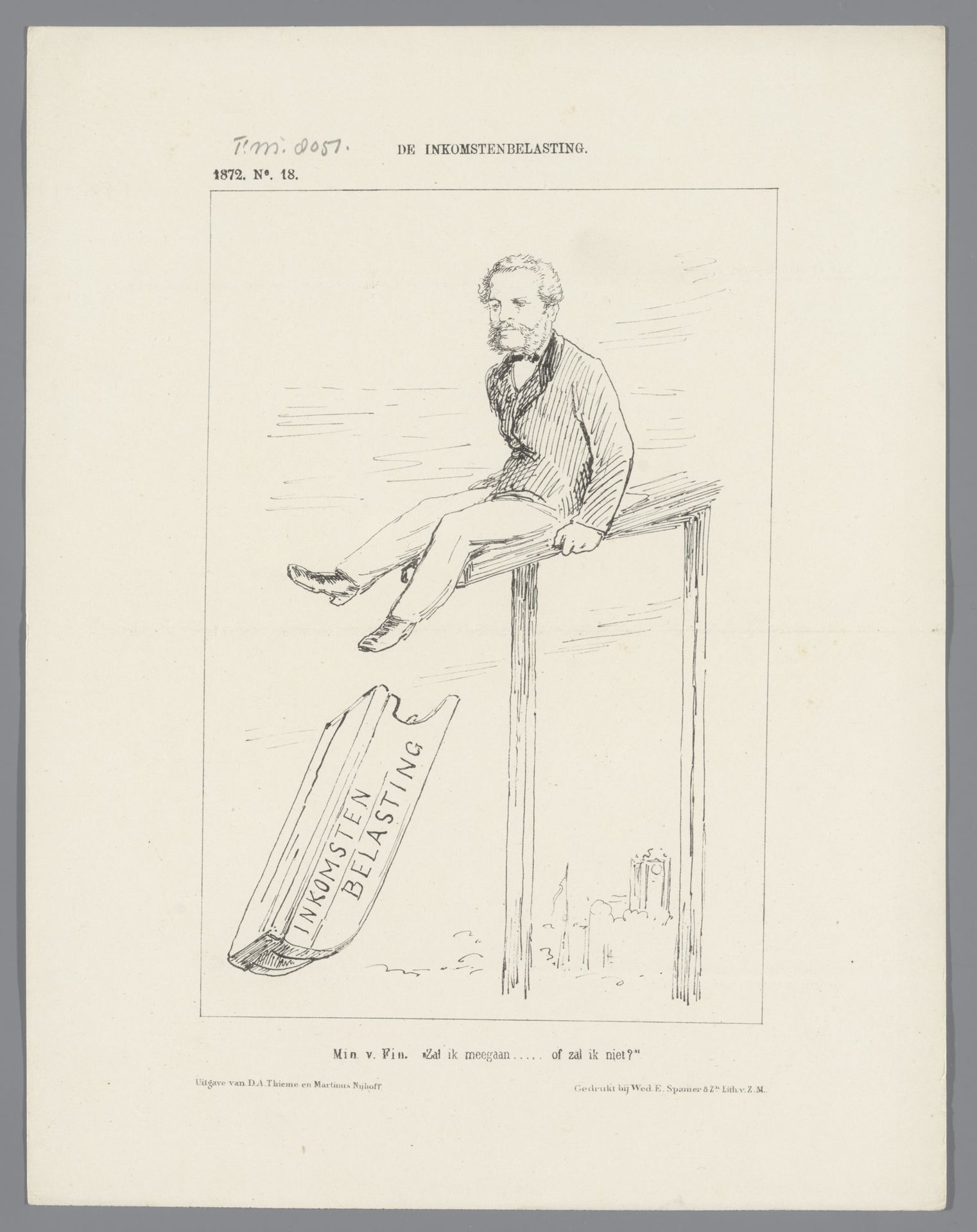 Spotprent op Blussé en zijn inkomstenbelasting, 1872 by Johan Michaël Schmidt Crans