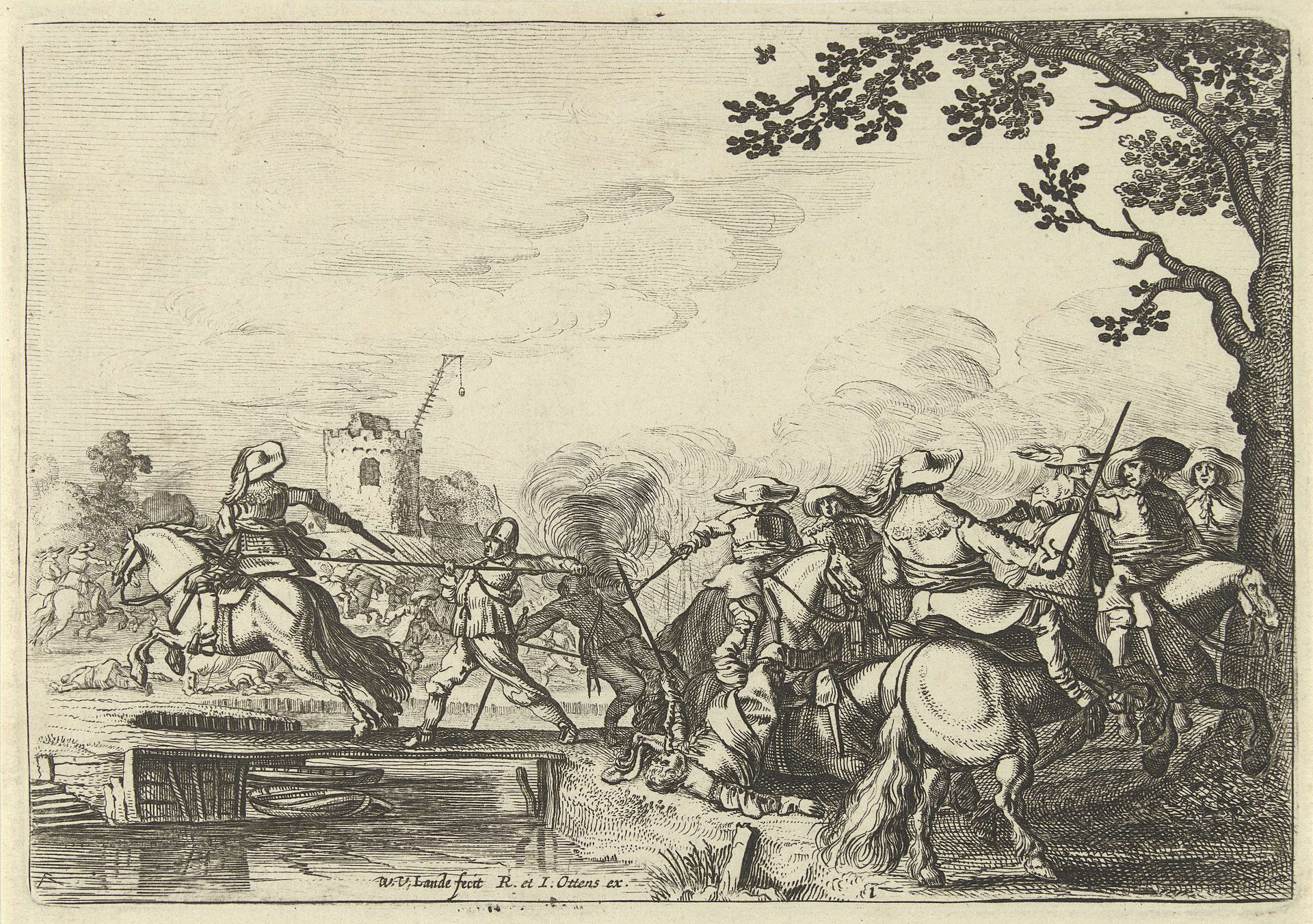Ruitergevecht bij een houten brug by Willem van Lande