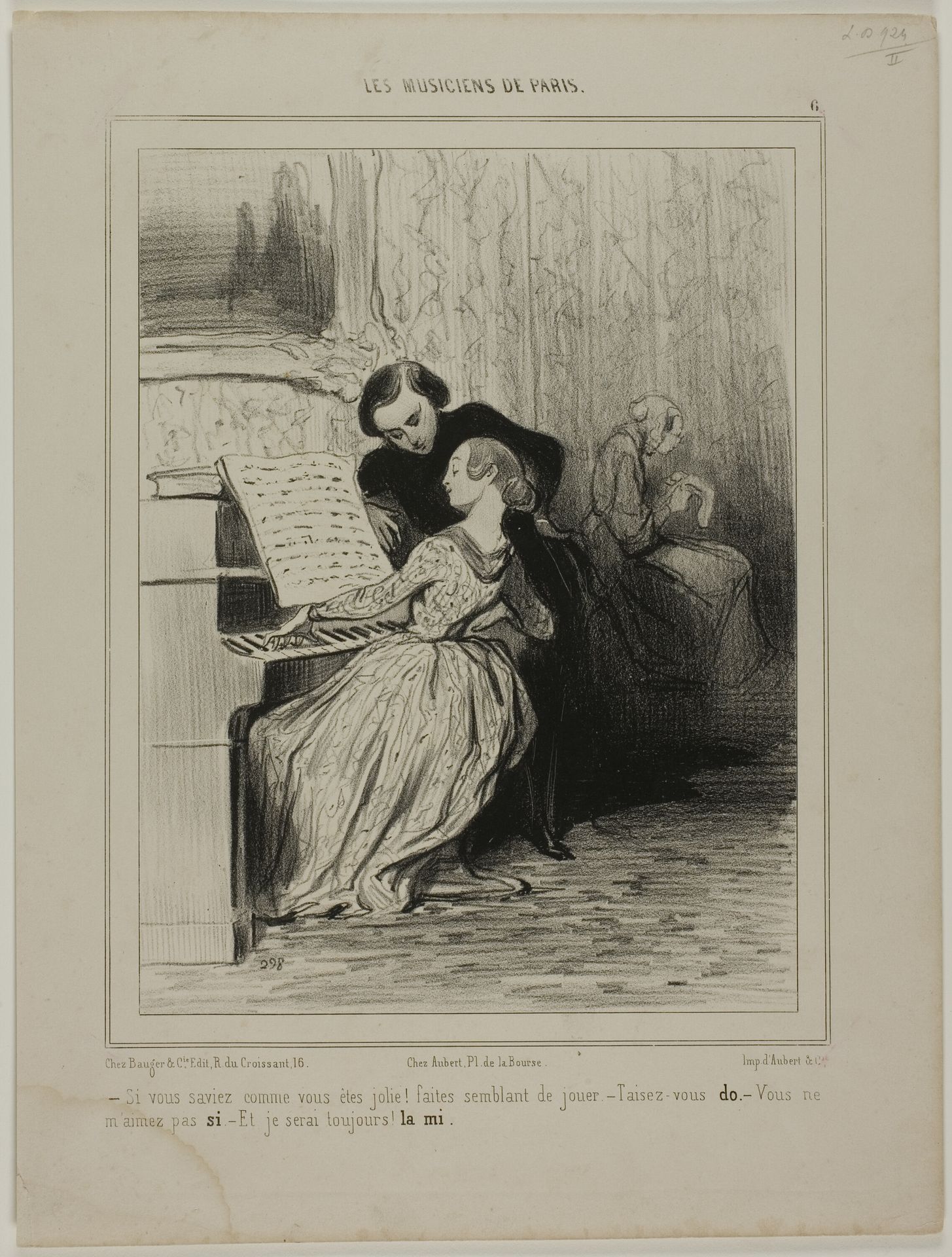 “- If you only knew how pretty you are!... Pretend you are playing! - stop it.. DO - You don't love me!...SO - I'll' always be yours. ... MI,” plate 6 from Les Musiciens De Paris by Honoré Daumier