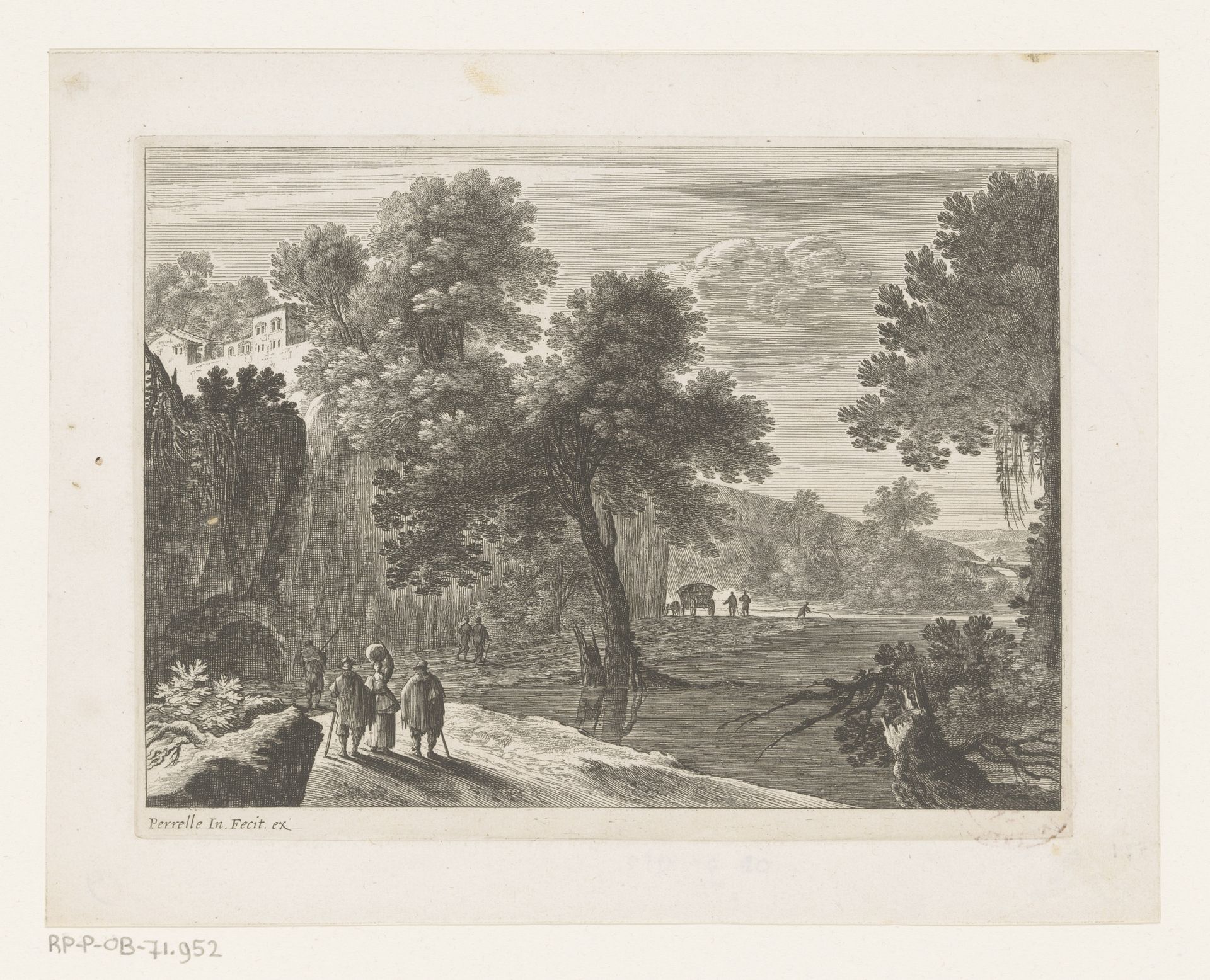Landschap met reizigers op pad langs rotspartij by Nicolas Perelle
