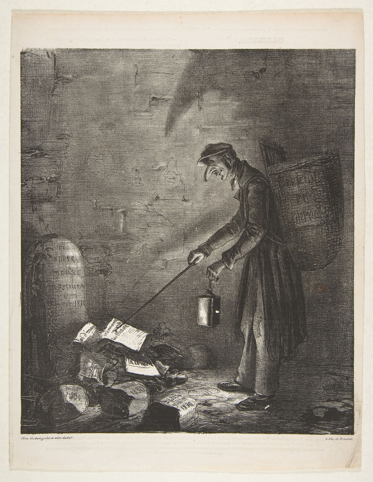 Masked Man using a Lantern to Collect Discarded Pamphlets by a Tombstone, from "Le Charivari" by Benard