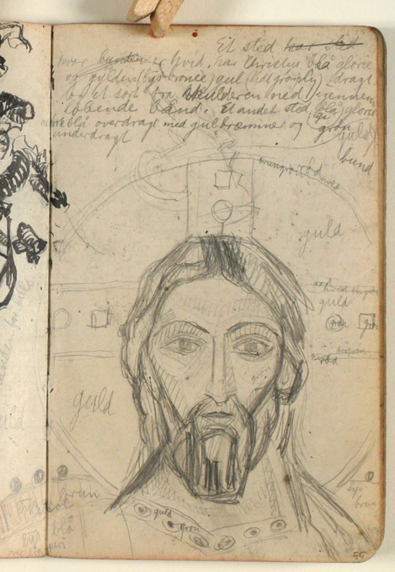 Ansigtsstudie af Majestas Domini (efter kalkmaleri?), samt notat vedr. farveangivelser by Niels Larsen Stevns