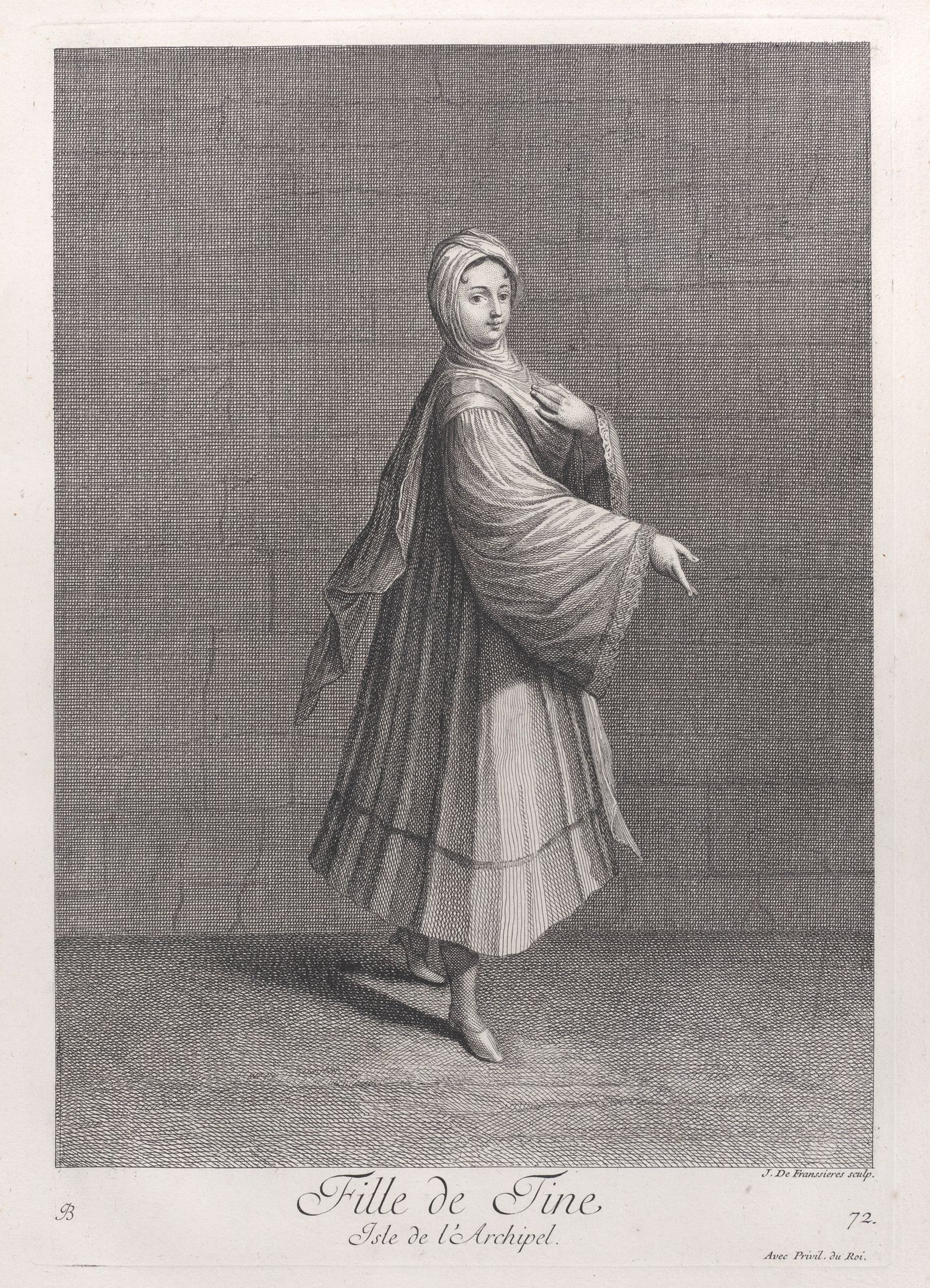 Fille de Tine, Isle de l'Archipel, plate 72 from "Recueil de cent estampes représentent differentes nations du Levant" by Jean Baptiste Vanmour