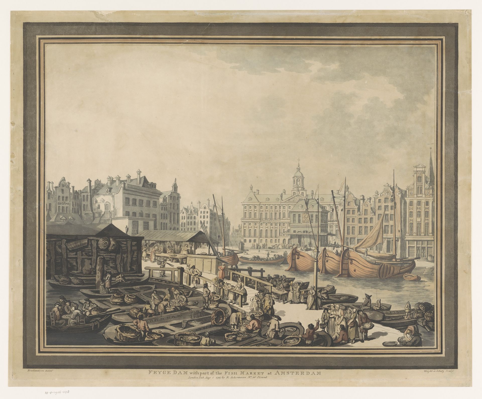 Gezicht op de vismarkt op de Dam te Amsterdam by John Henry Wright