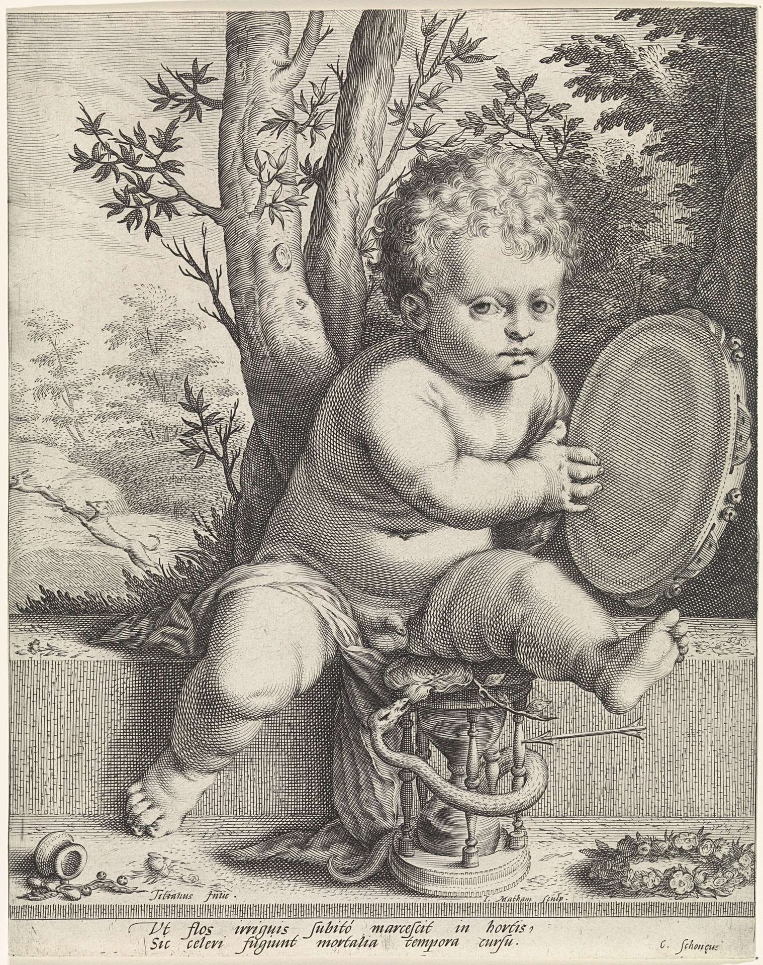 Kind met tamboerijn en zandloper by Jacob Matham