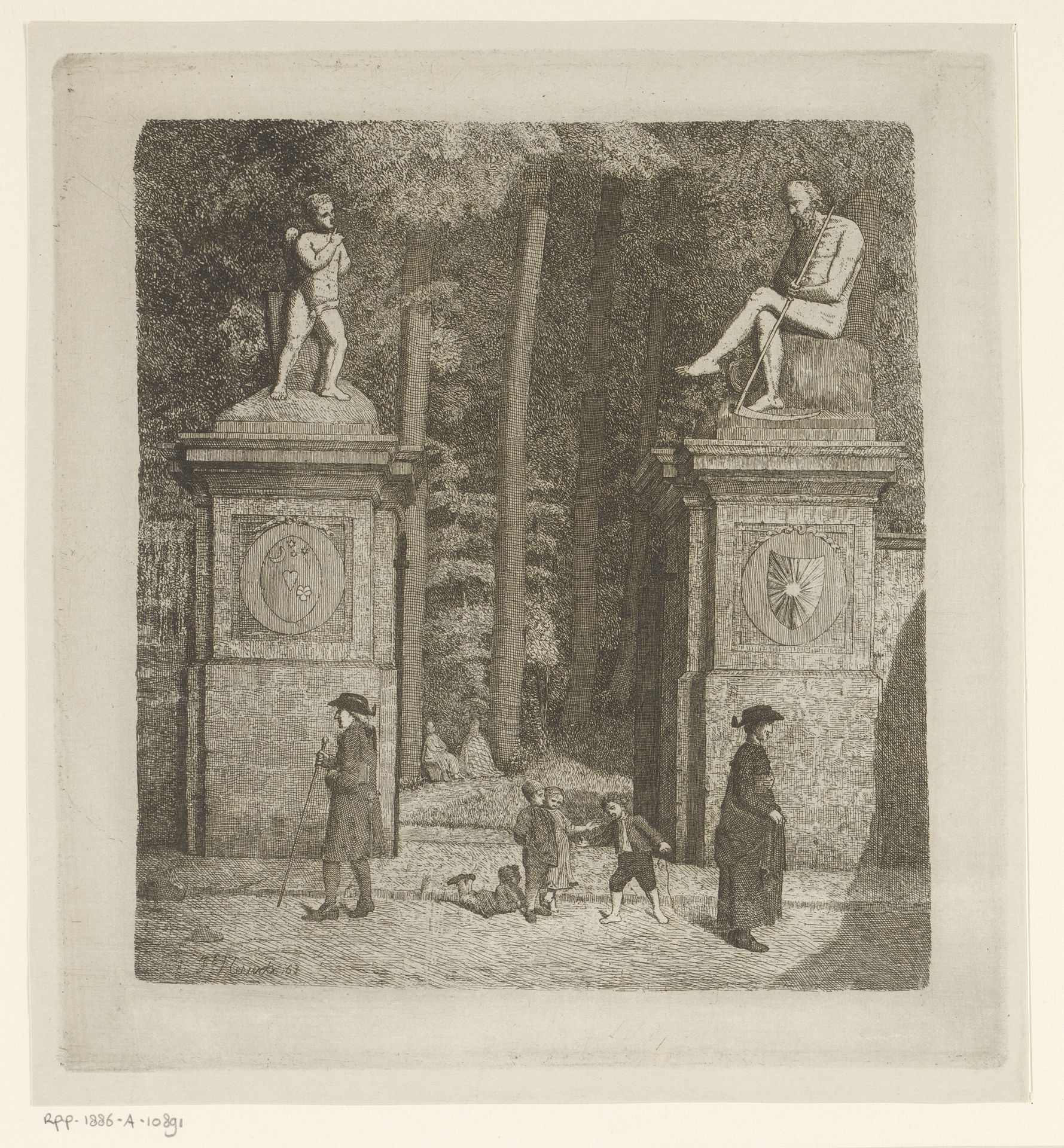 Spelende kinderen voor de ingang naar een park by F. Herinck