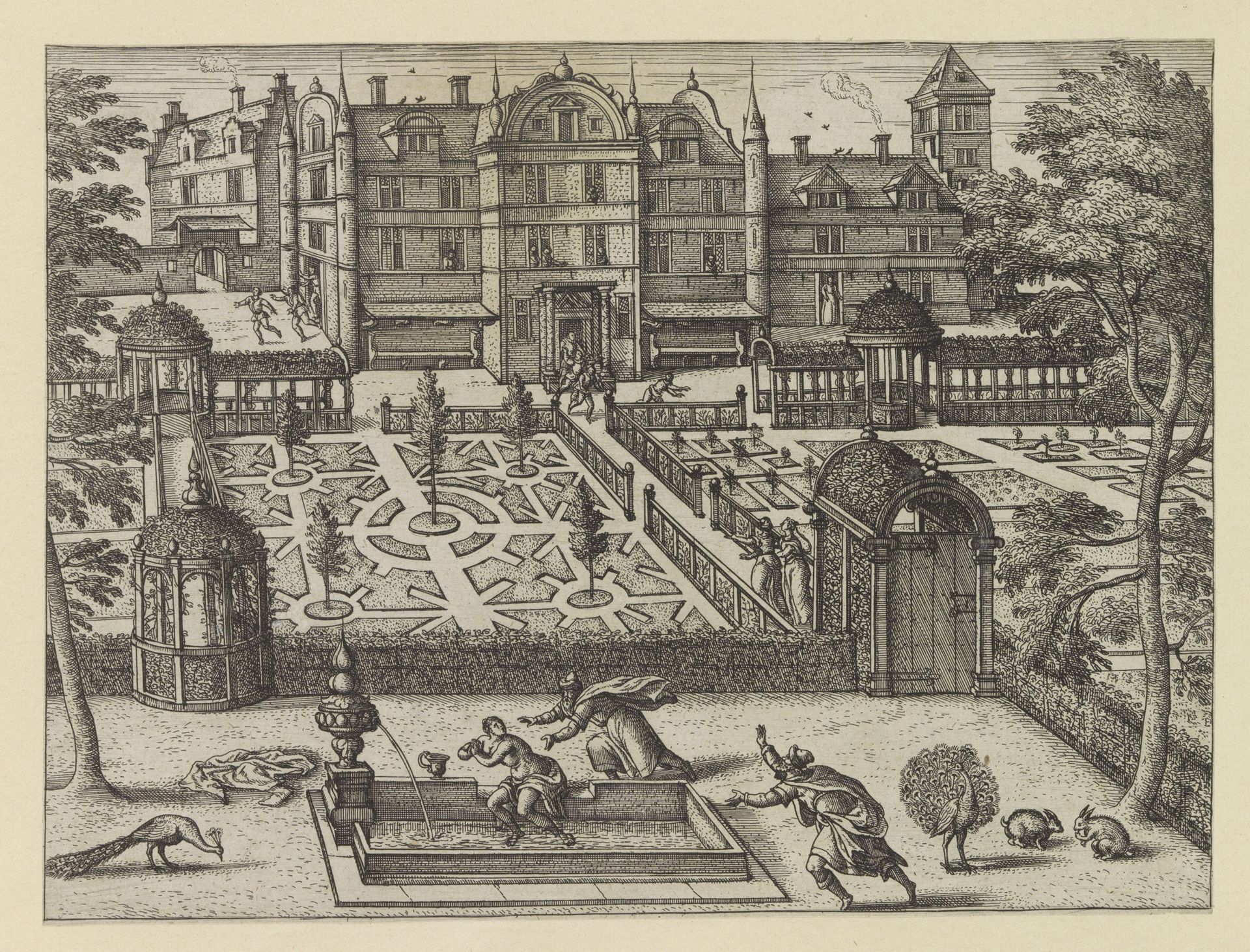 Hoftuin met Susanna in bad by Pieter van der (I) Borcht