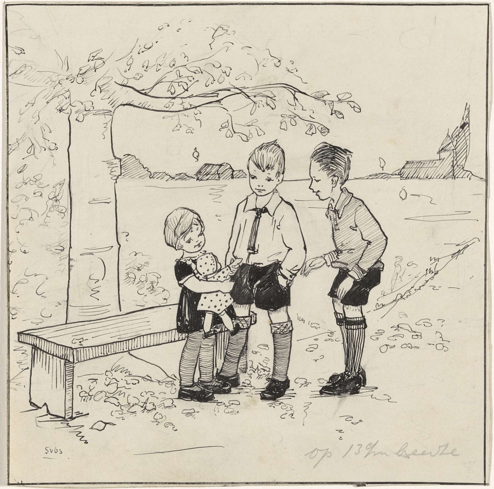Meisje met pop en twee jongens bij een boom by S. van Os