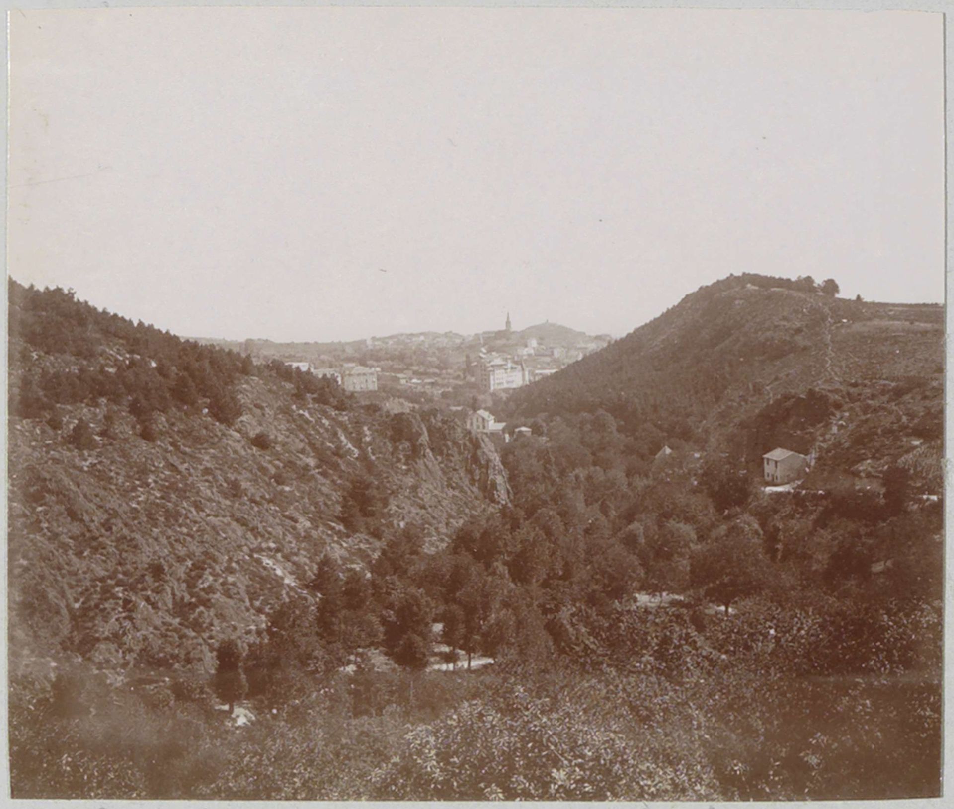Gezicht op Châtel-Guyon over beboste berghellingen by Delizy