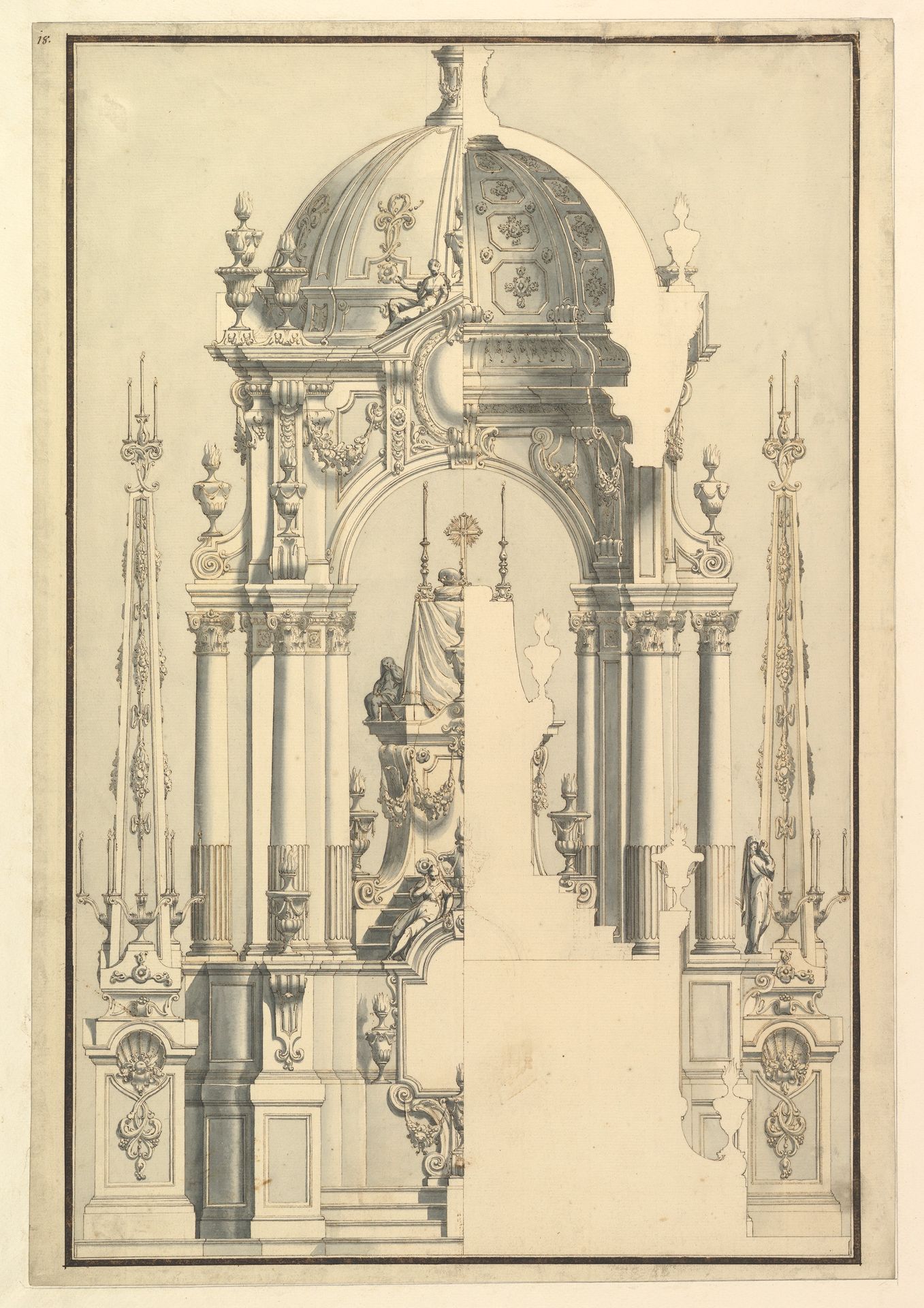 Elevation and Section of the Catafalque for Anna Cristina, Wife of Carlo Emanuele III of Savoy by Giuseppe Galli Bibiena
