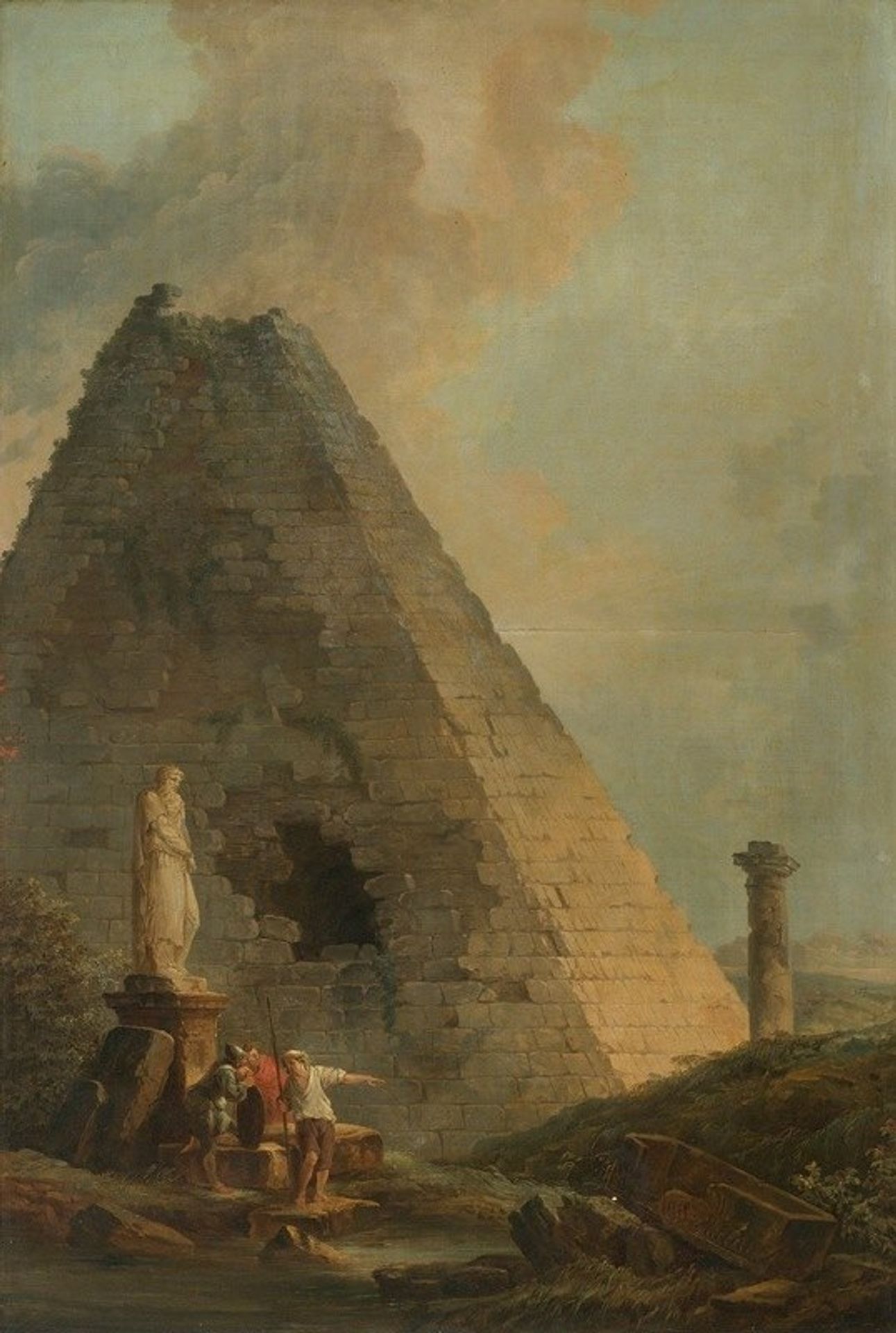 A Capriccio With The Pyramid Of Cestius And Travellers In An Italianate Landscape by Hubert Robert