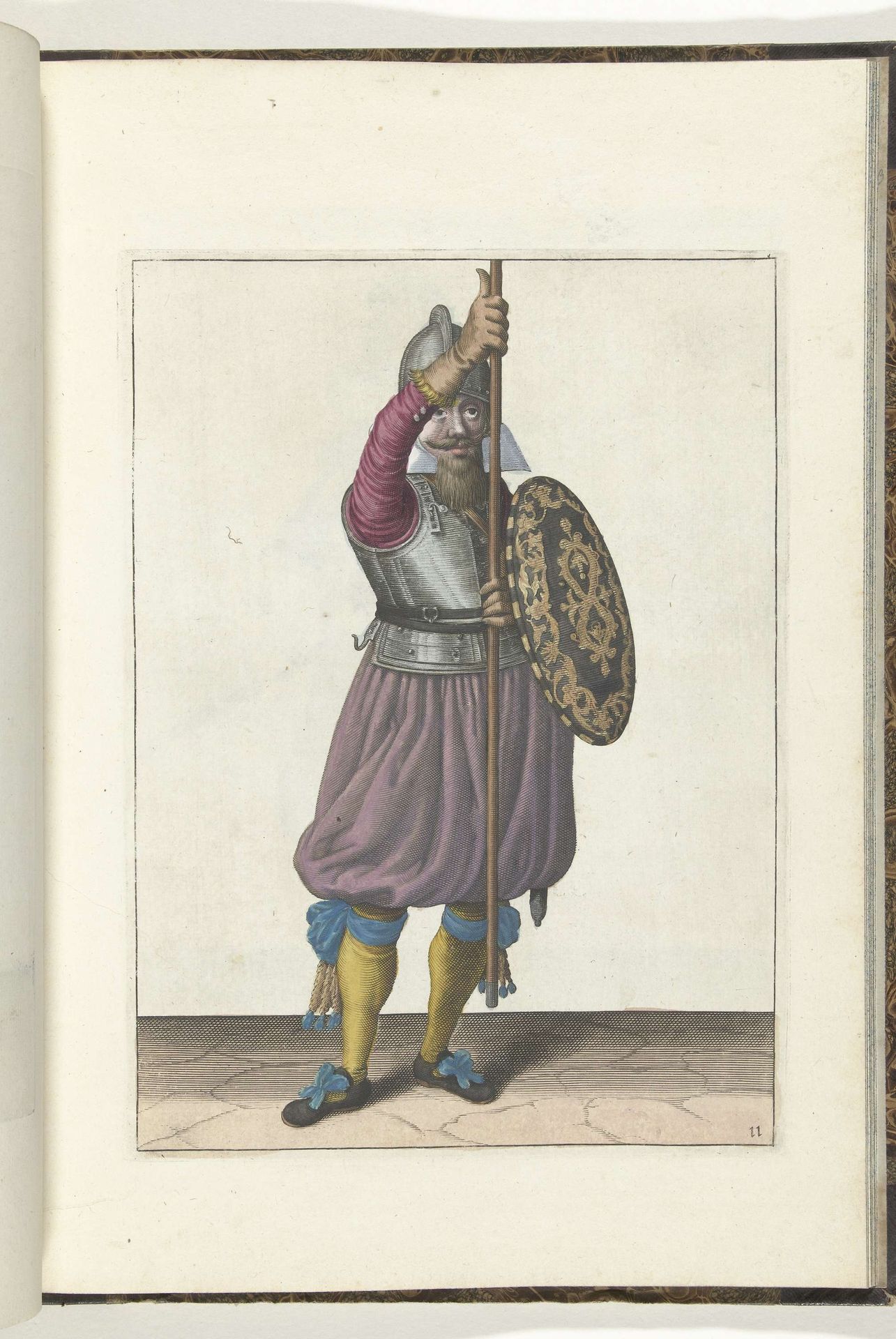 De exercitie met schild en spies: de soldaat brengt in drie tijden de spies weer terug in de rustpositie, tweede beweging (nr. 11), 1618 by Adam van Breen