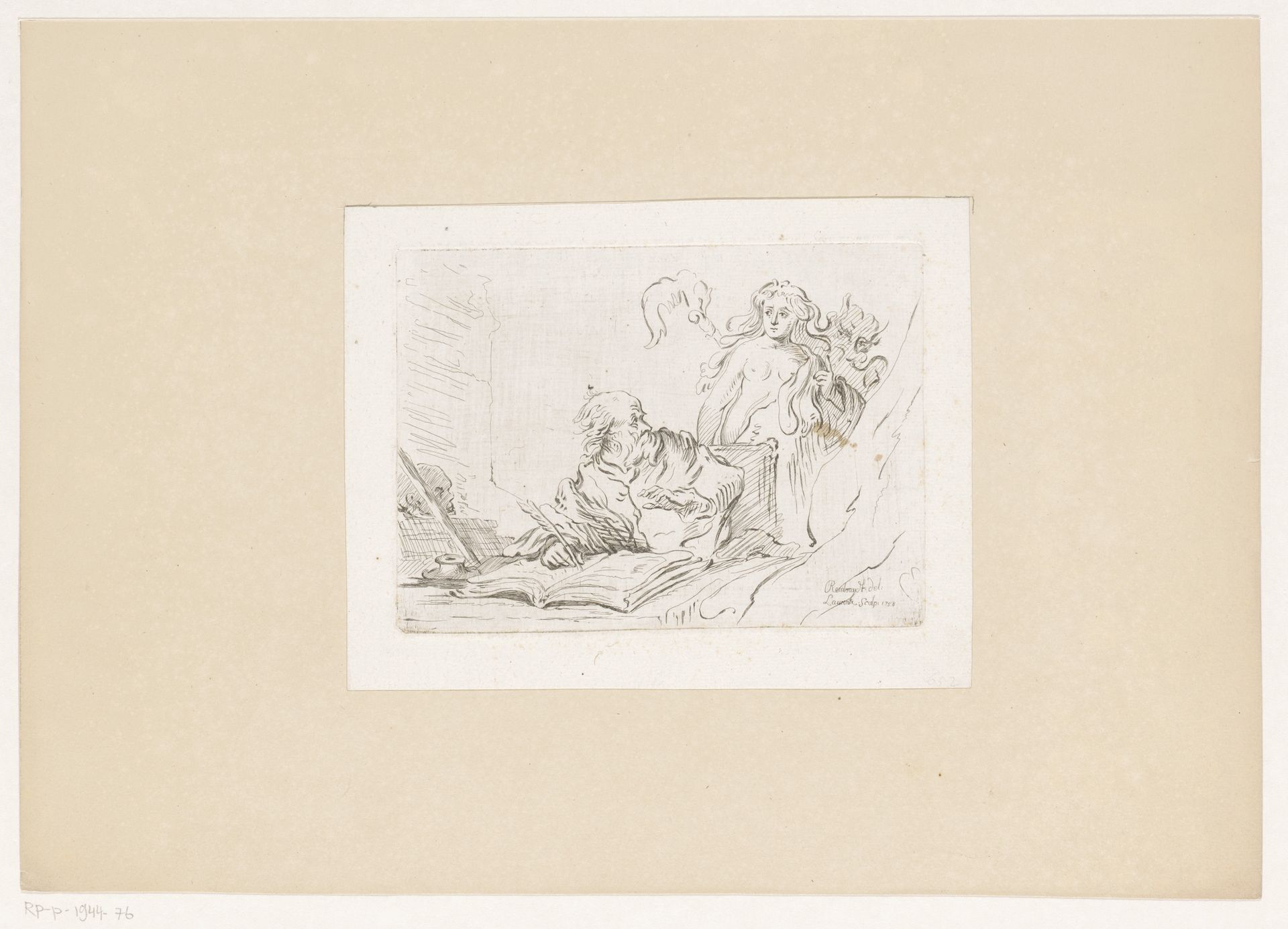 Oude man aan schrijftafel schrikt op van een vrouw met de duivel als schaduw by Johann Daniel Laurentz