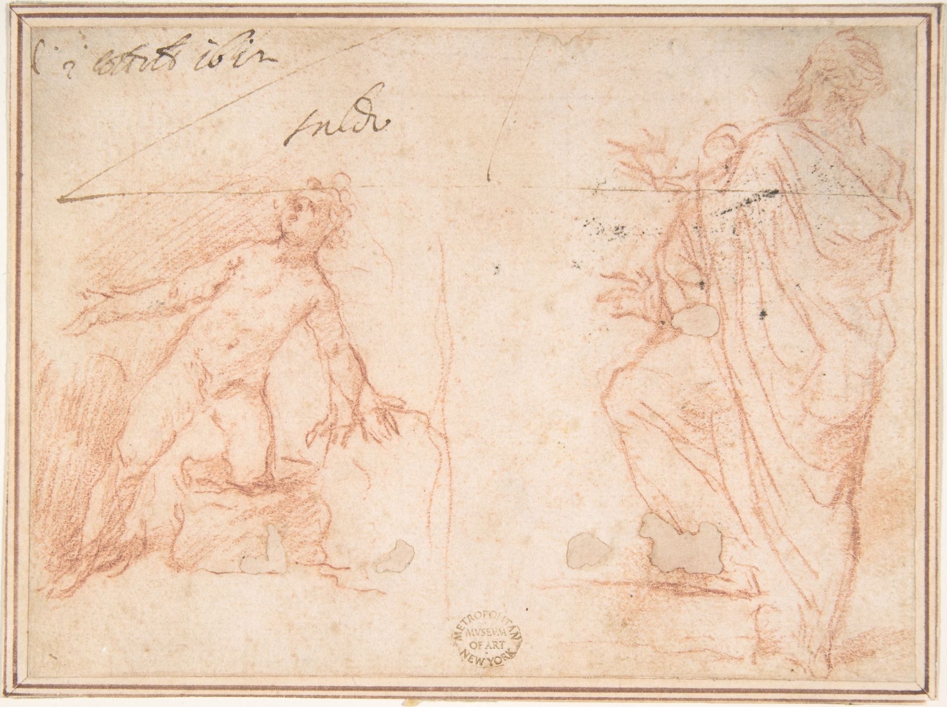 Two Figures: Nude Youth on One Knee, Man Standing with Left Foot Raised by Anonymous