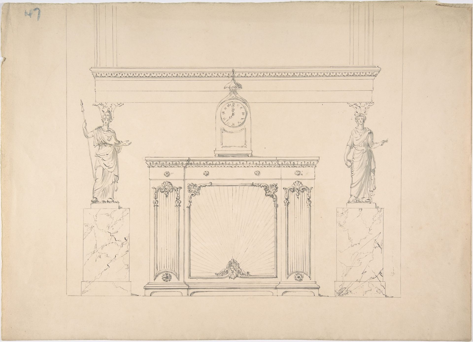 Design for a Cabinet with Inset Fabric Panels, and Two Female Classical Statues on Marble Pedestals by Anonymous