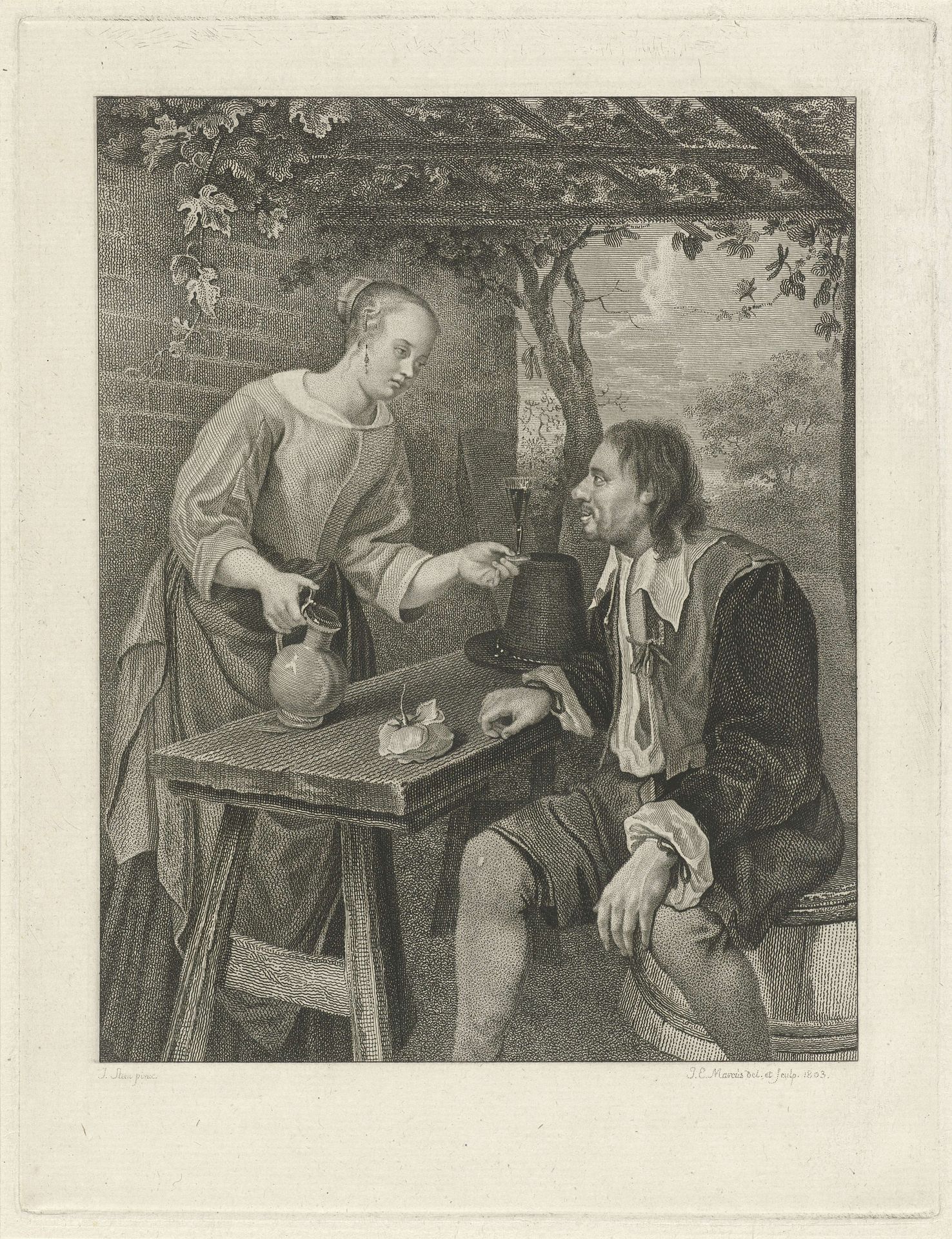 Jonge vrouw biedt een man een glas wijn aan by Jacob Ernst Marcus
