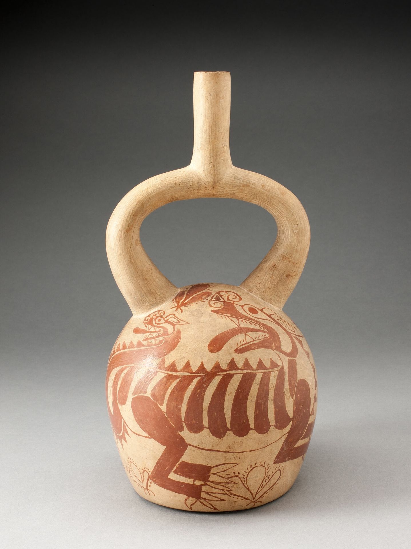 Stirrup Spout Vessel with Fineline Depiction of an Abstract Feline by Moche