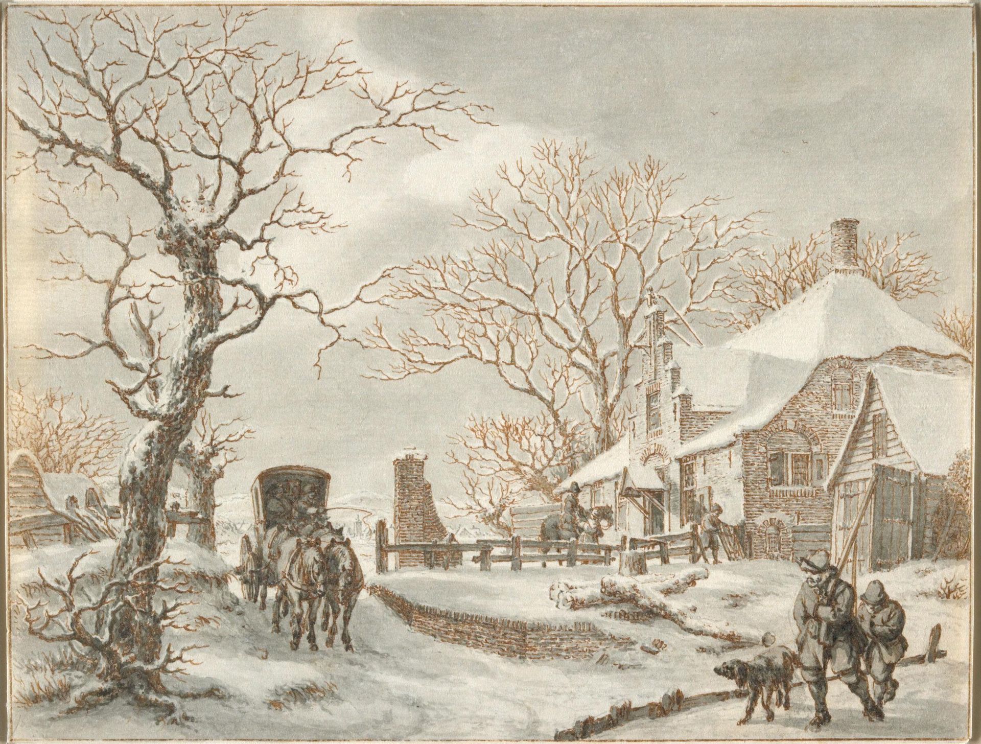 Winter Landscape with a Coach and Travelers by a House by Jacob Cats