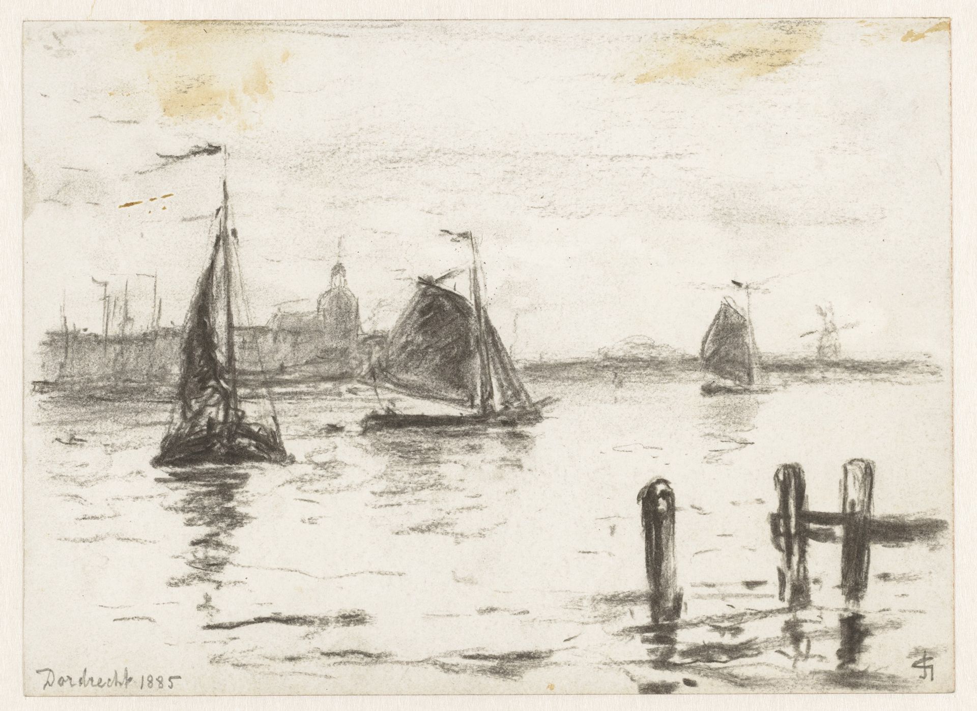 Vissersschepen op de Maas voor Dordrecht by Carel Nicolaas Storm van 's-Gravesande