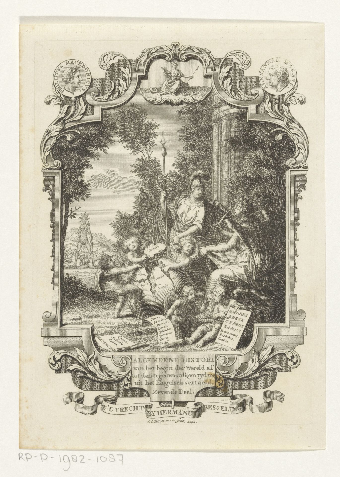 Cartouche met allegorie op de geschiedenis van Griekenland by Jan Caspar Philips