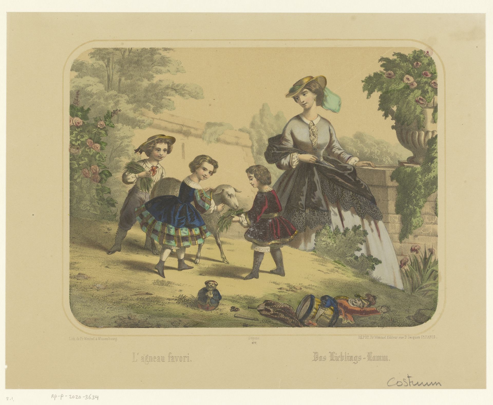 Drie kinderen voeren een lam by Frederic Charles Wentzel