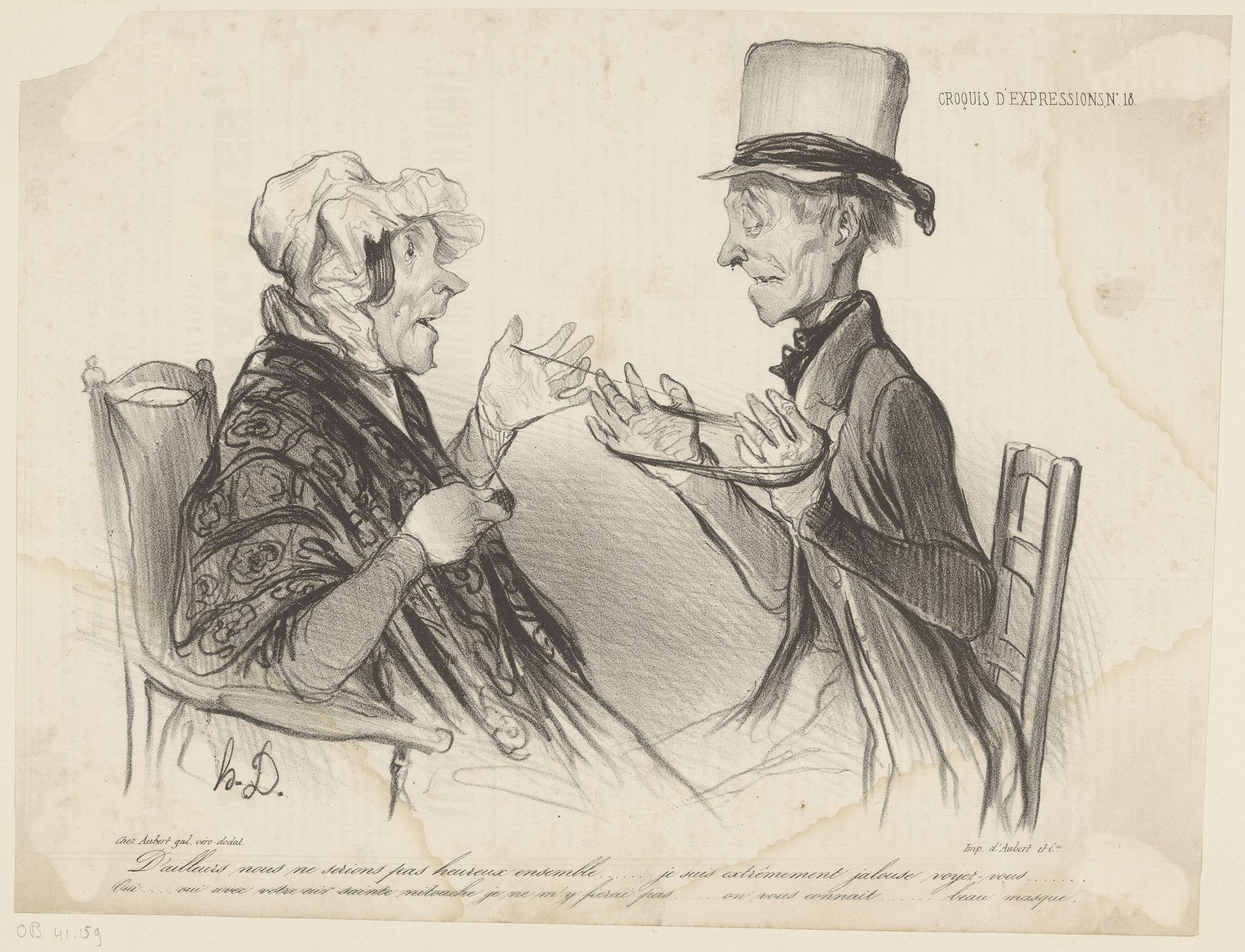Oude weduwnaar helpt oude vrouw een bol wol af te wikkelen by Honoré Daumier