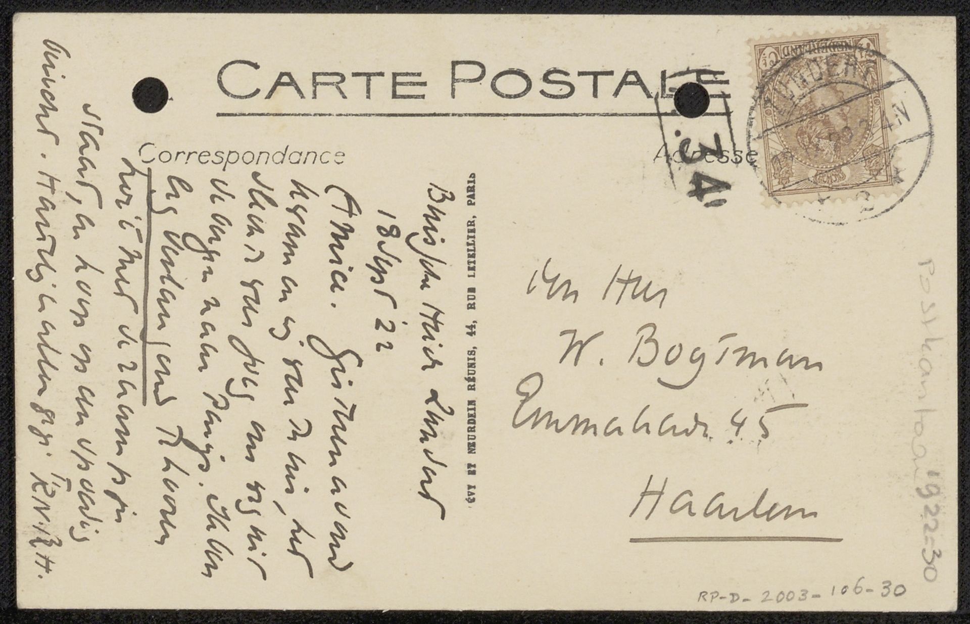 Prentbriefkaart aan Willem Bogtman by Richard Nicolaüs Roland Holst
