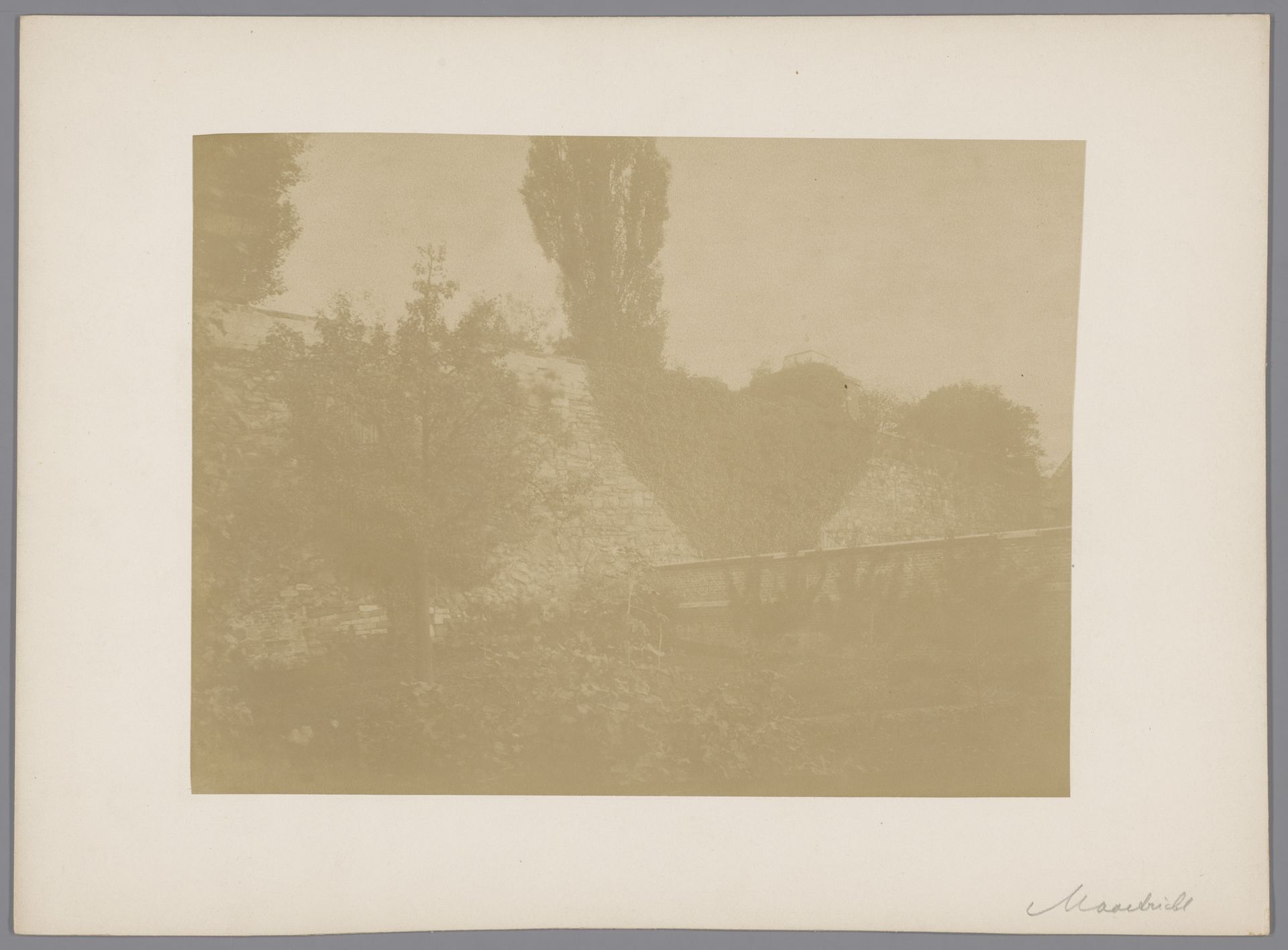 Gezicht op de oude walmuur in de tuin van de Zusters onder de bogen te Maastricht by anoniem (Monumentenzorg)