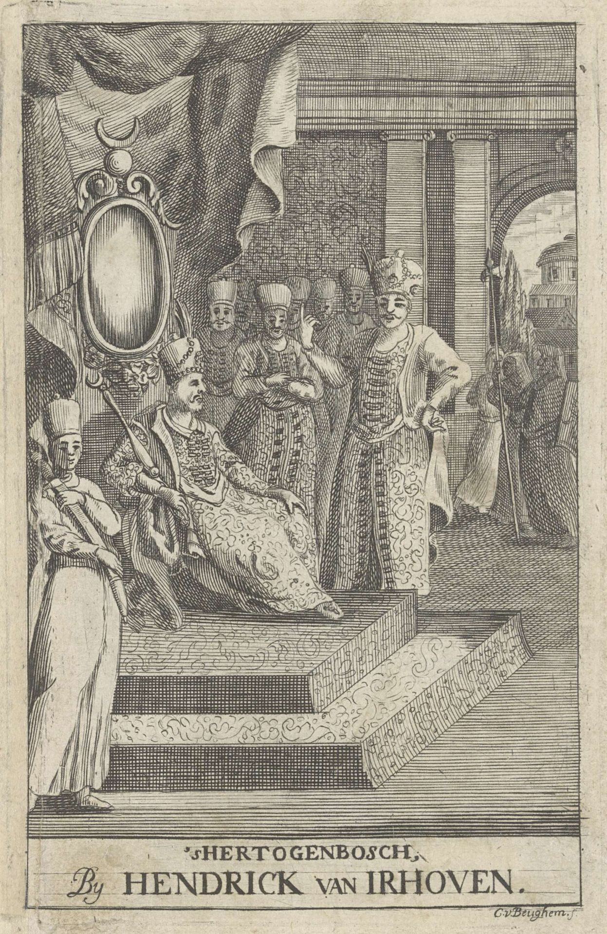 Sultan op troon luistert naar zijn staatsministers (vizieren) by C. van Beughem