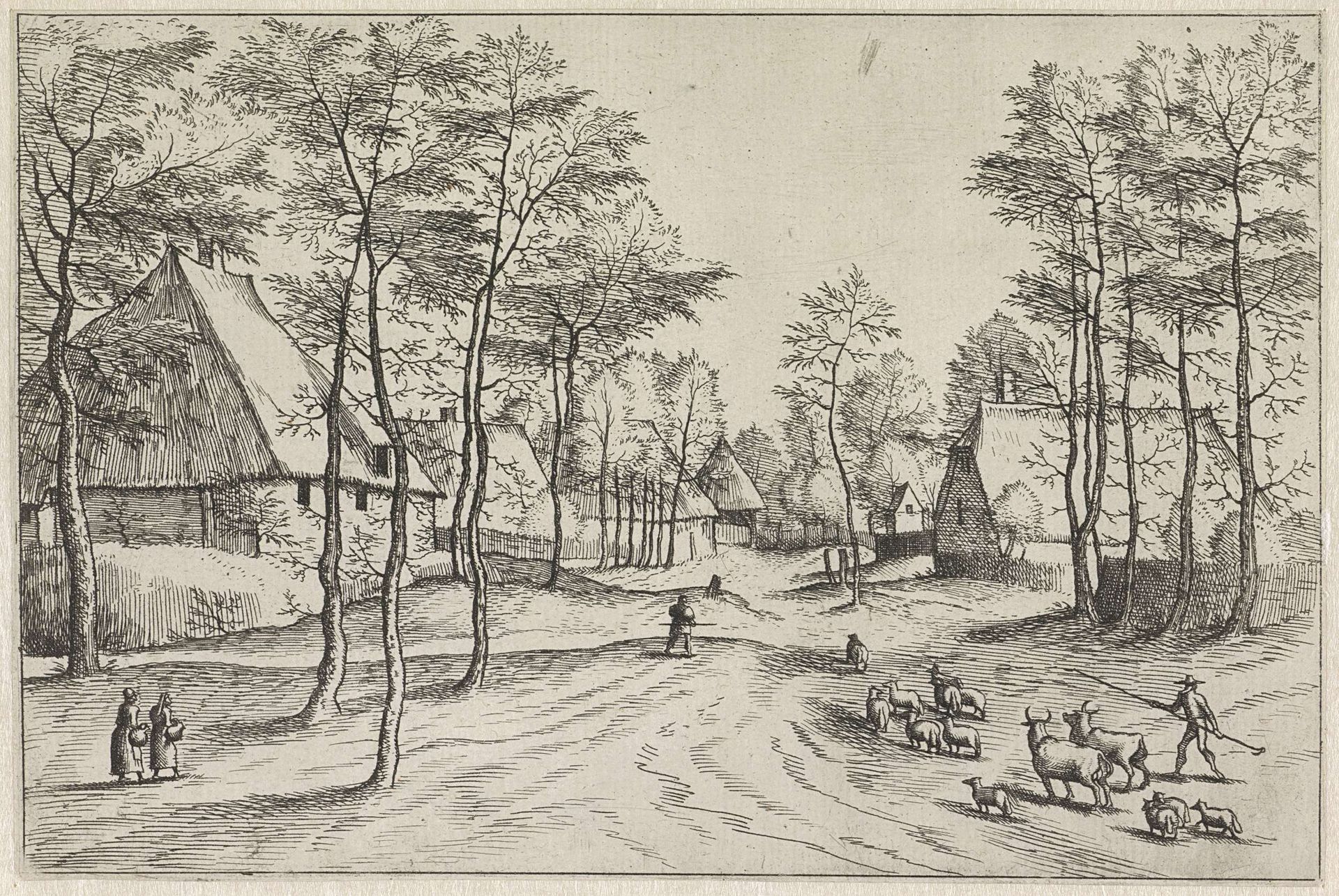 Dorpsstraat met vee en een herder by Johannes of Lucas van Doetechum