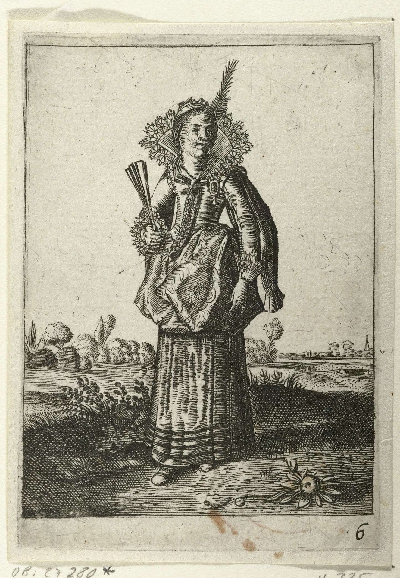Elegante dame met hoofdtooi met veer by Anonymous